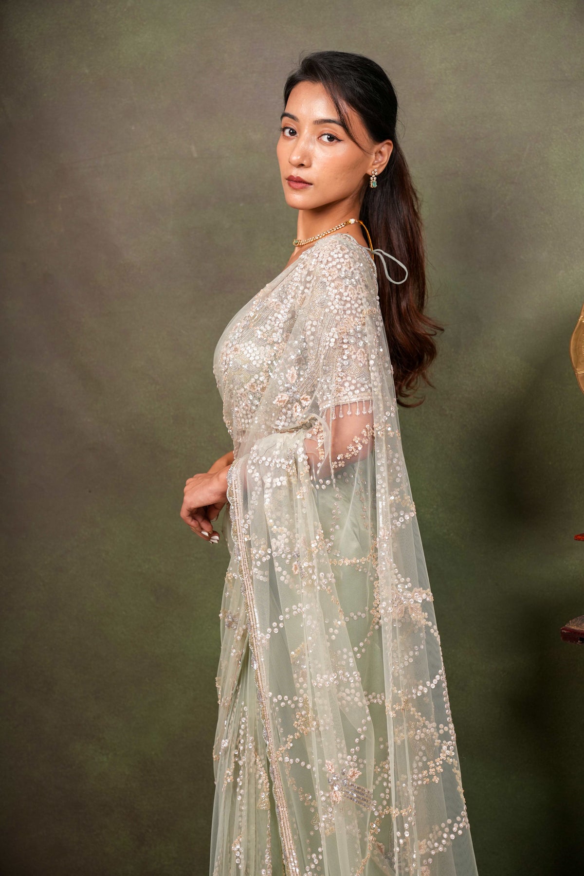 Mint Green Net Saree
