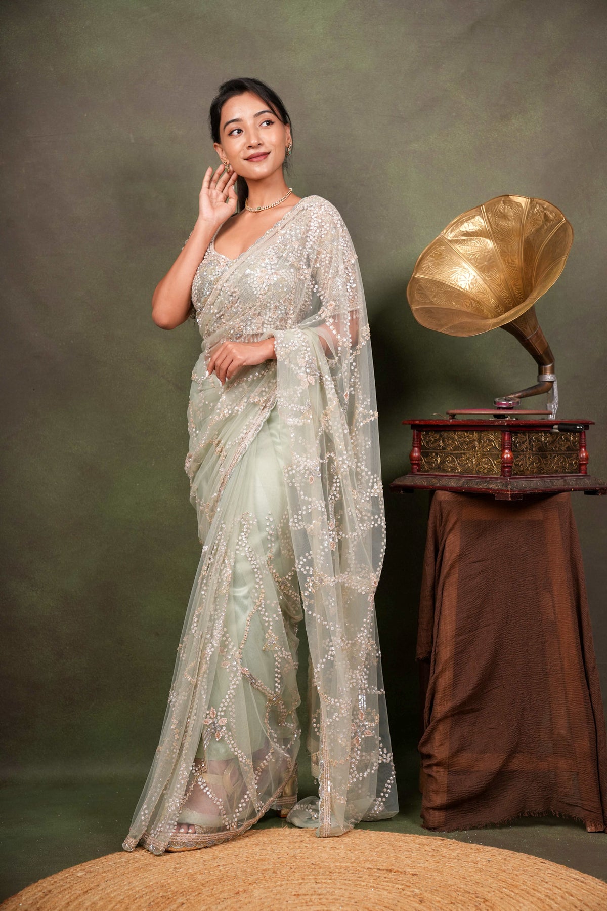 Mint Green Net Saree