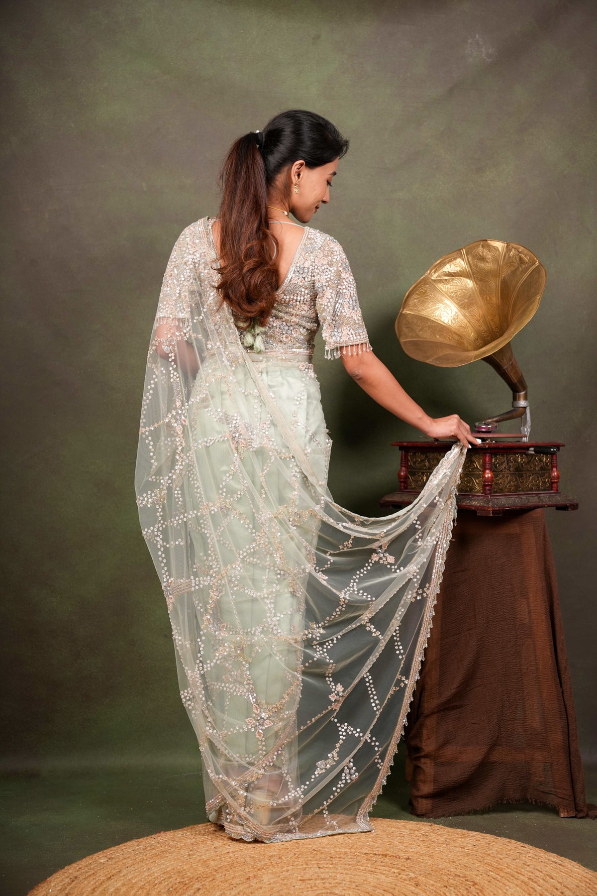 Mint Green Net Saree