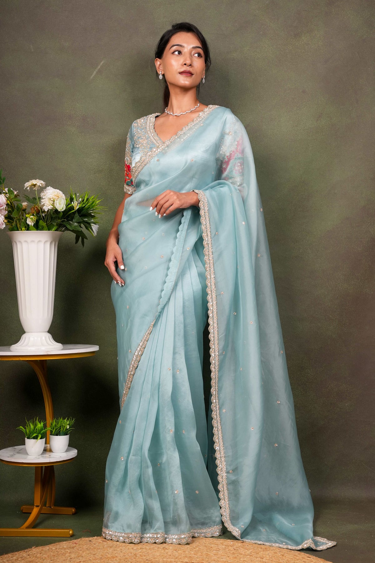 Sea Blue Organza Saree with Embellished Border