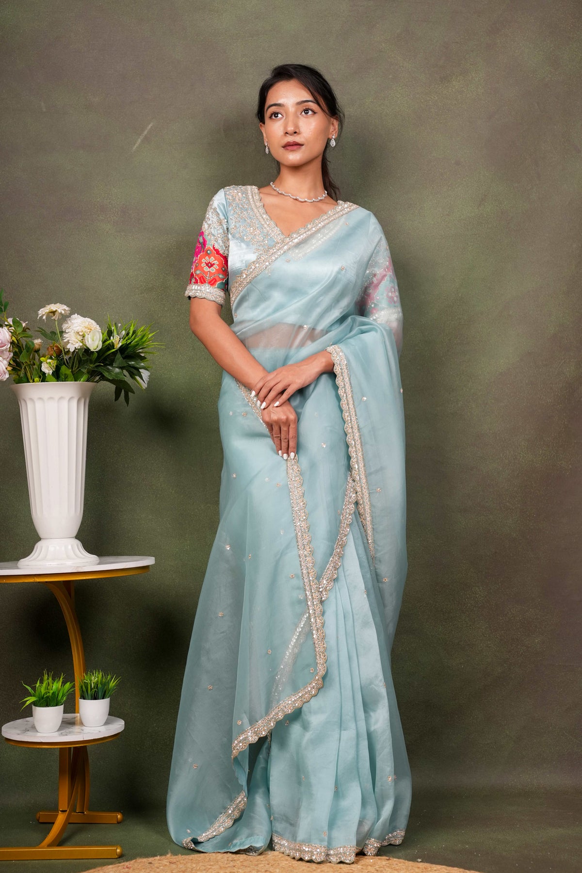 Sea Blue Organza Saree with Embellished Border