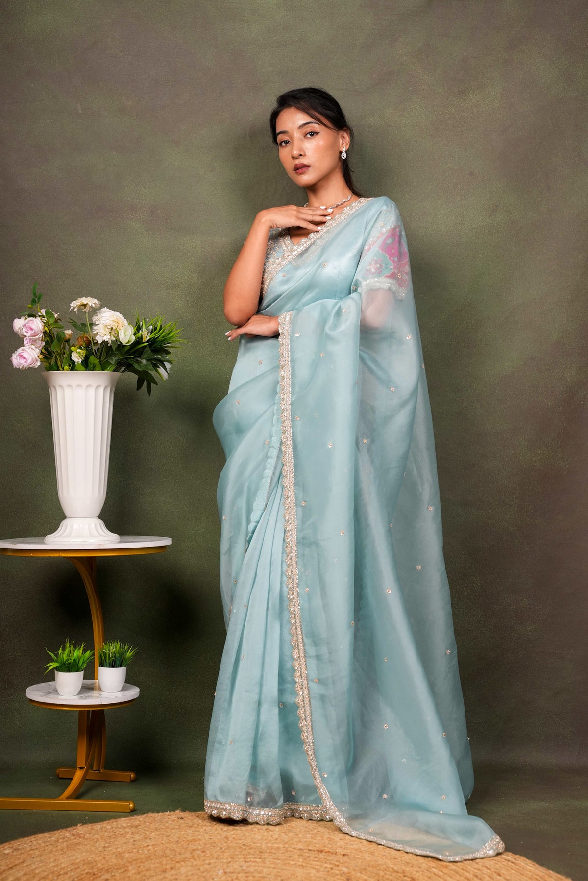 Sea Blue Organza Saree with Embellished Border