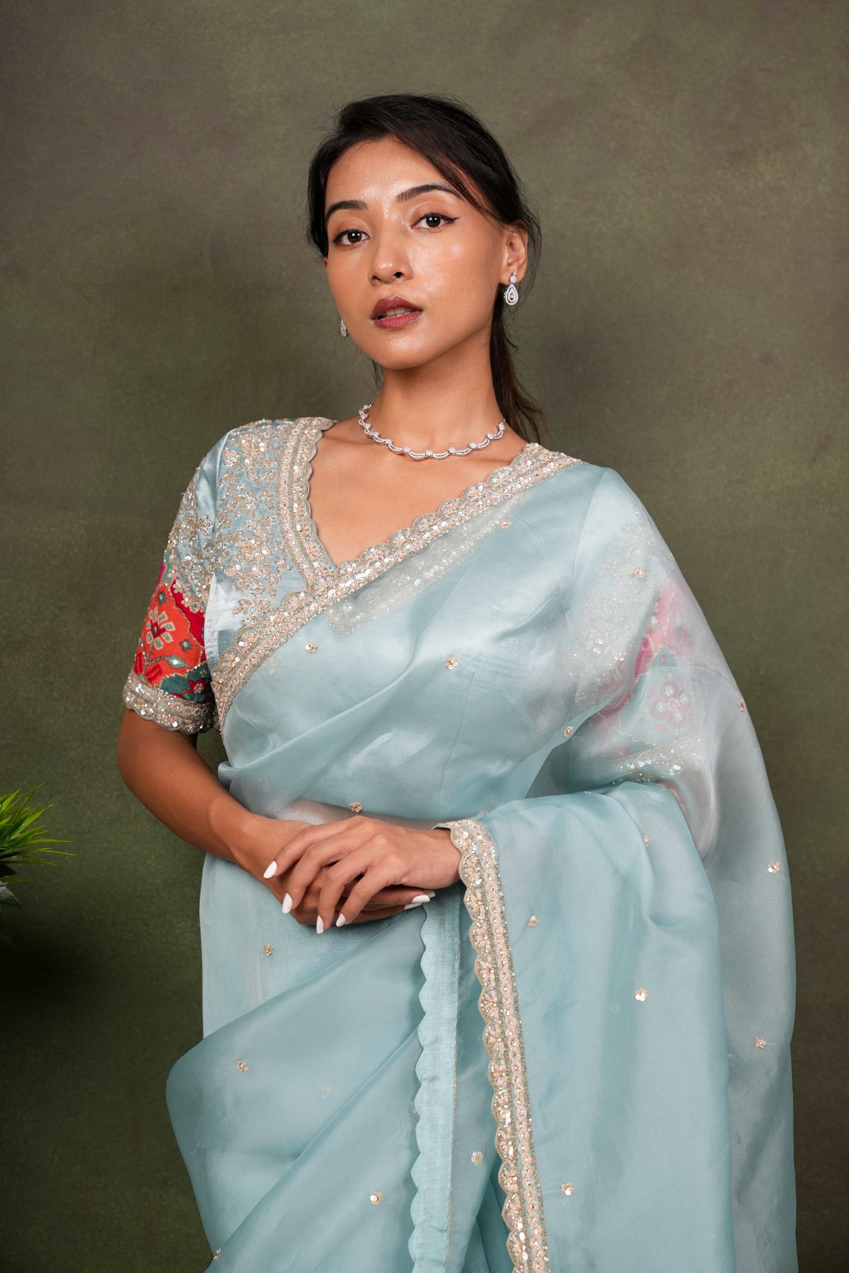 Sea Blue Organza Saree with Embellished Border