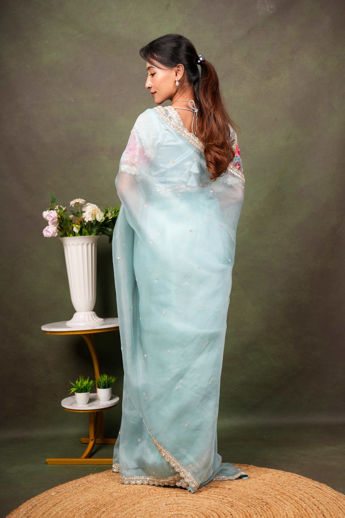 Sea Blue Organza Saree with Embellished Border