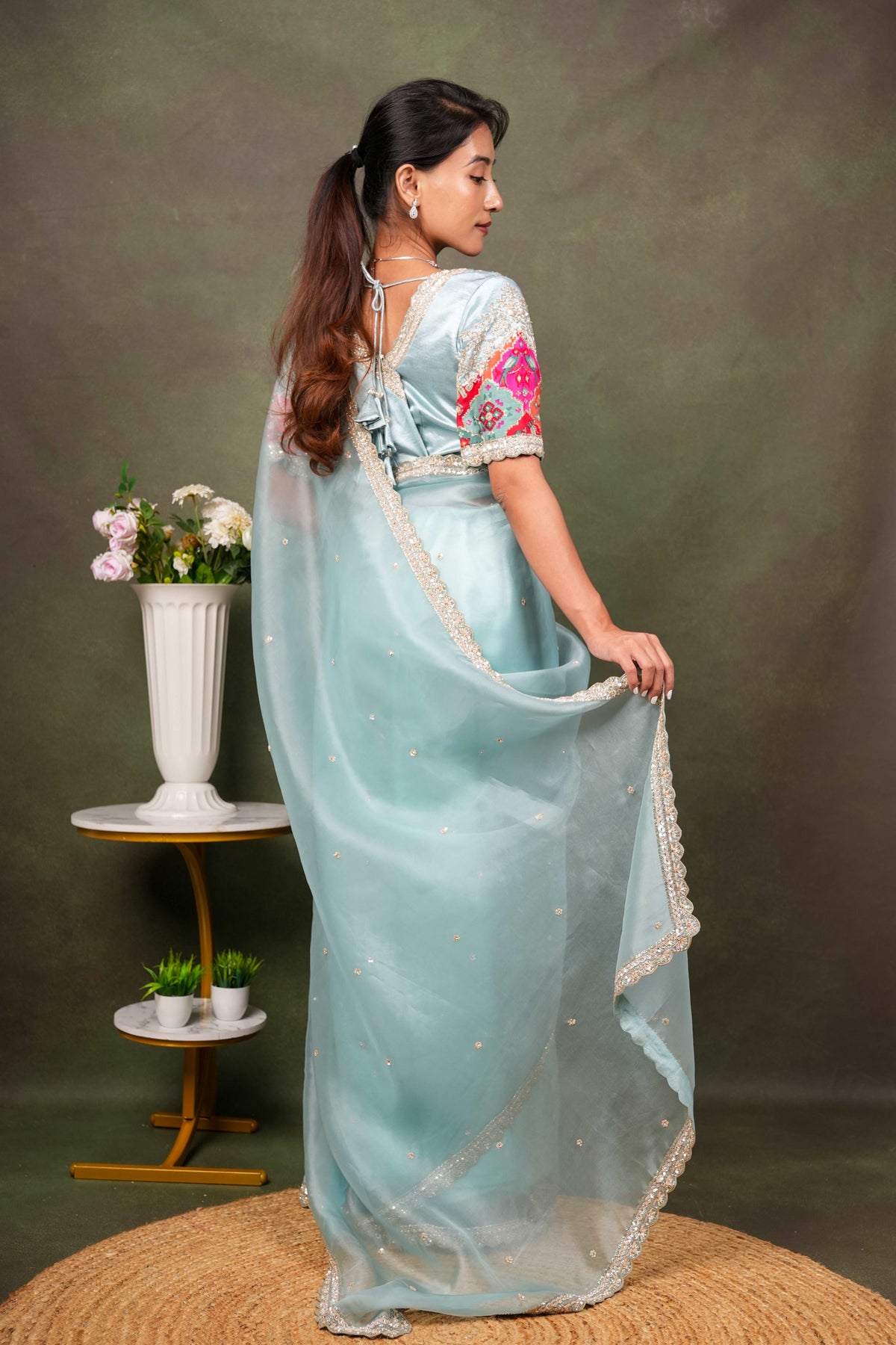 Sea Blue Organza Saree with Embellished Border
