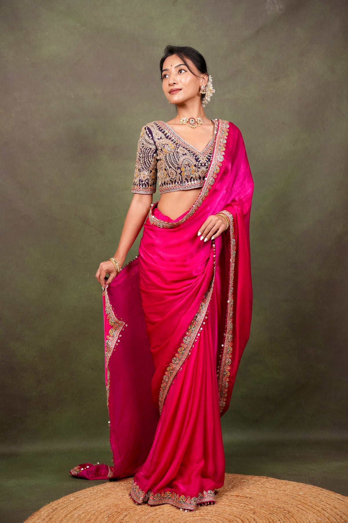 Rani Pink Satin Saree