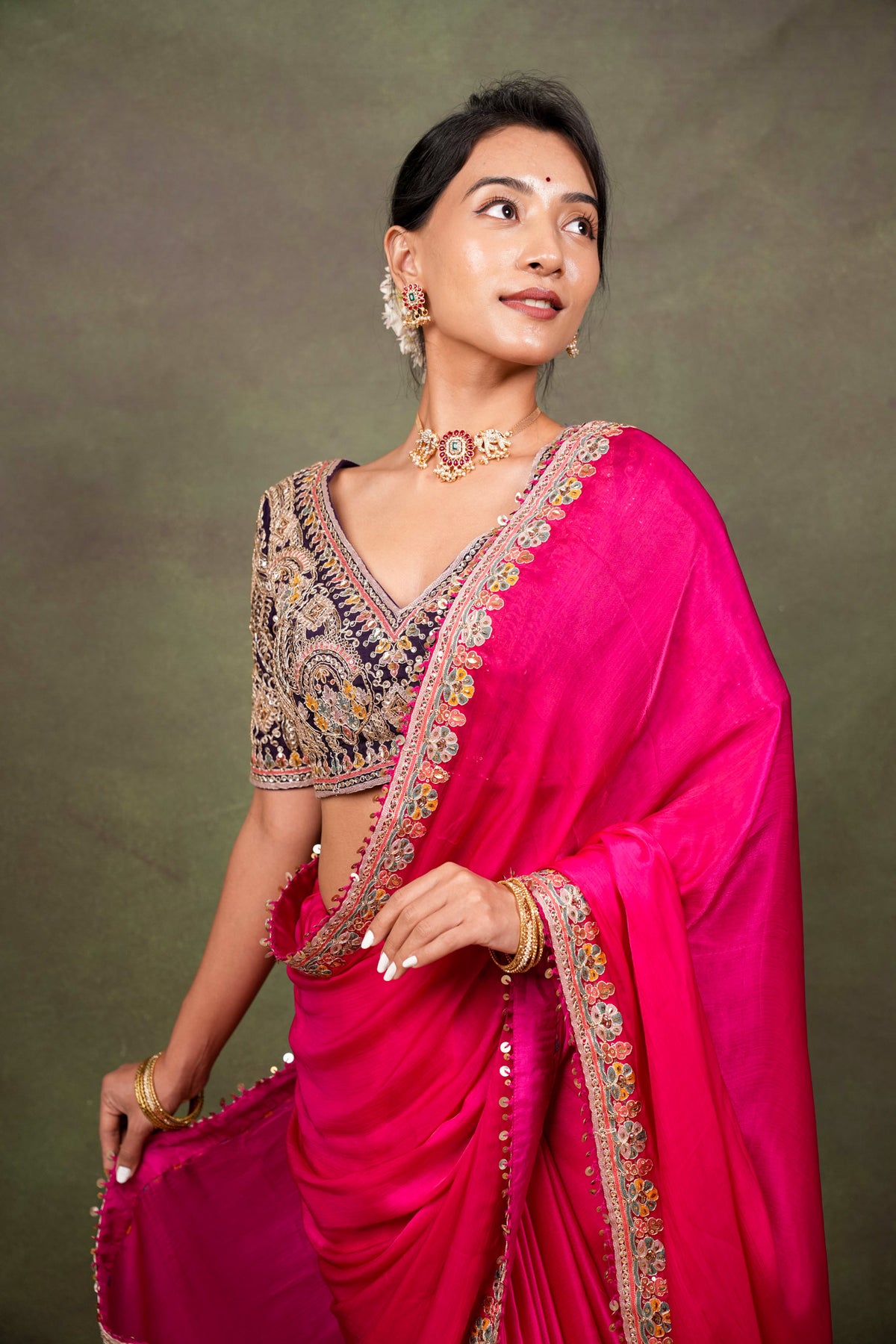 Rani Pink Satin Saree