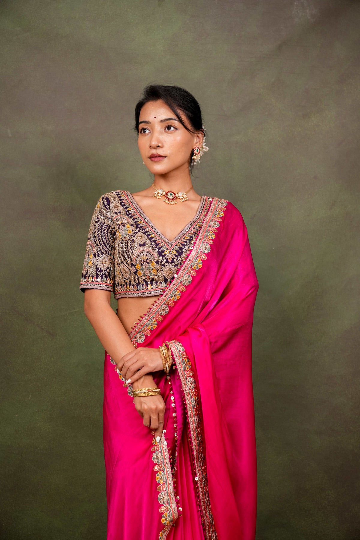 Rani Pink Satin Saree
