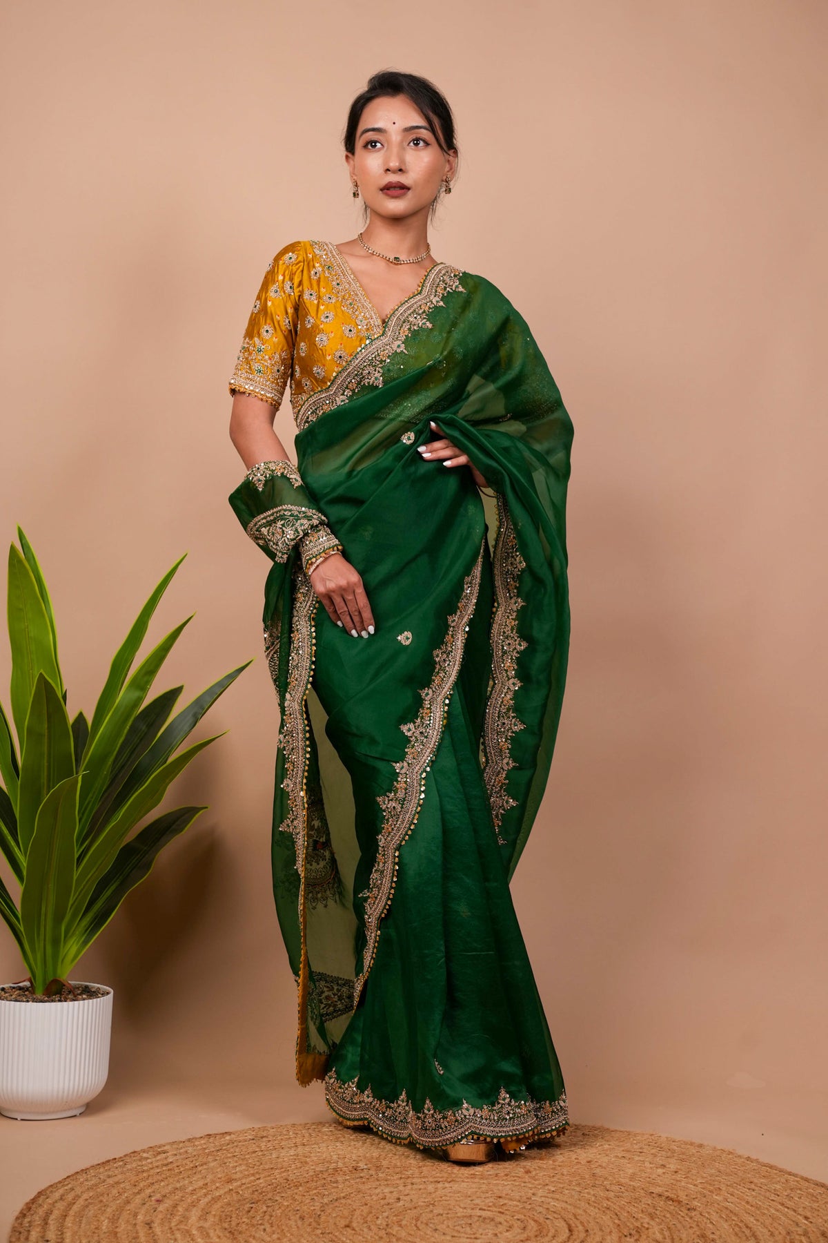 Dark Green Zardosi Organza Saree