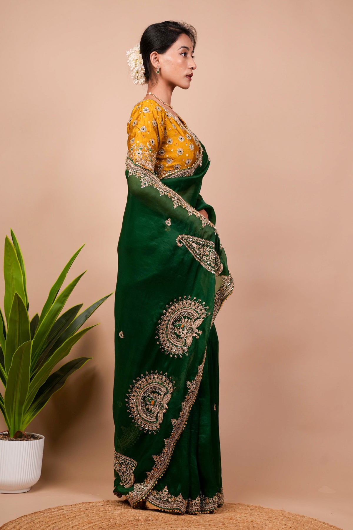 Dark Green Zardosi Organza Saree