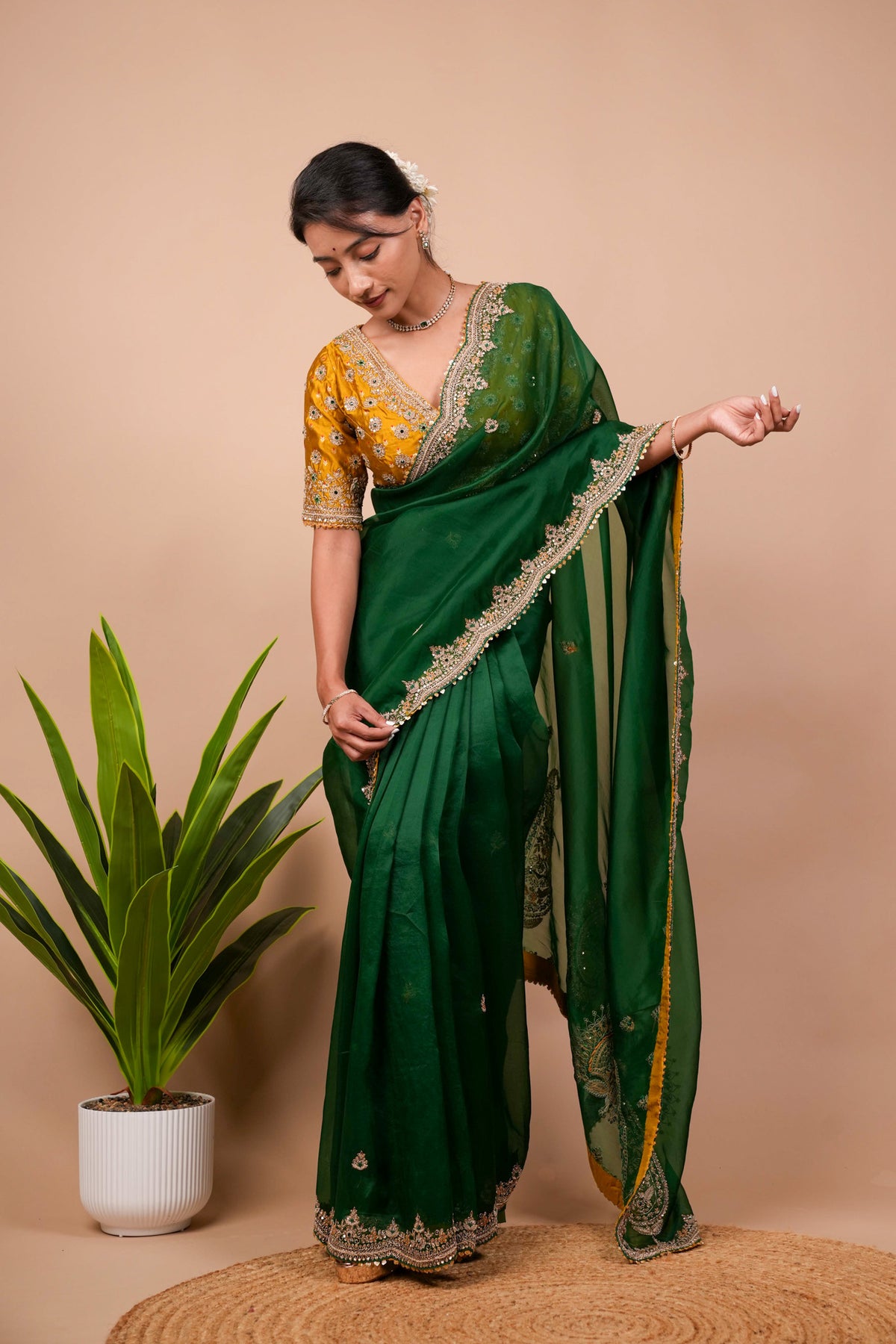 Dark Green Zardosi Organza Saree
