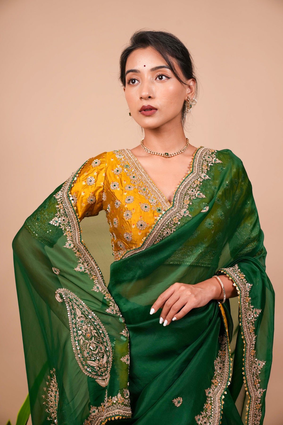 Dark Green Zardosi Organza Saree