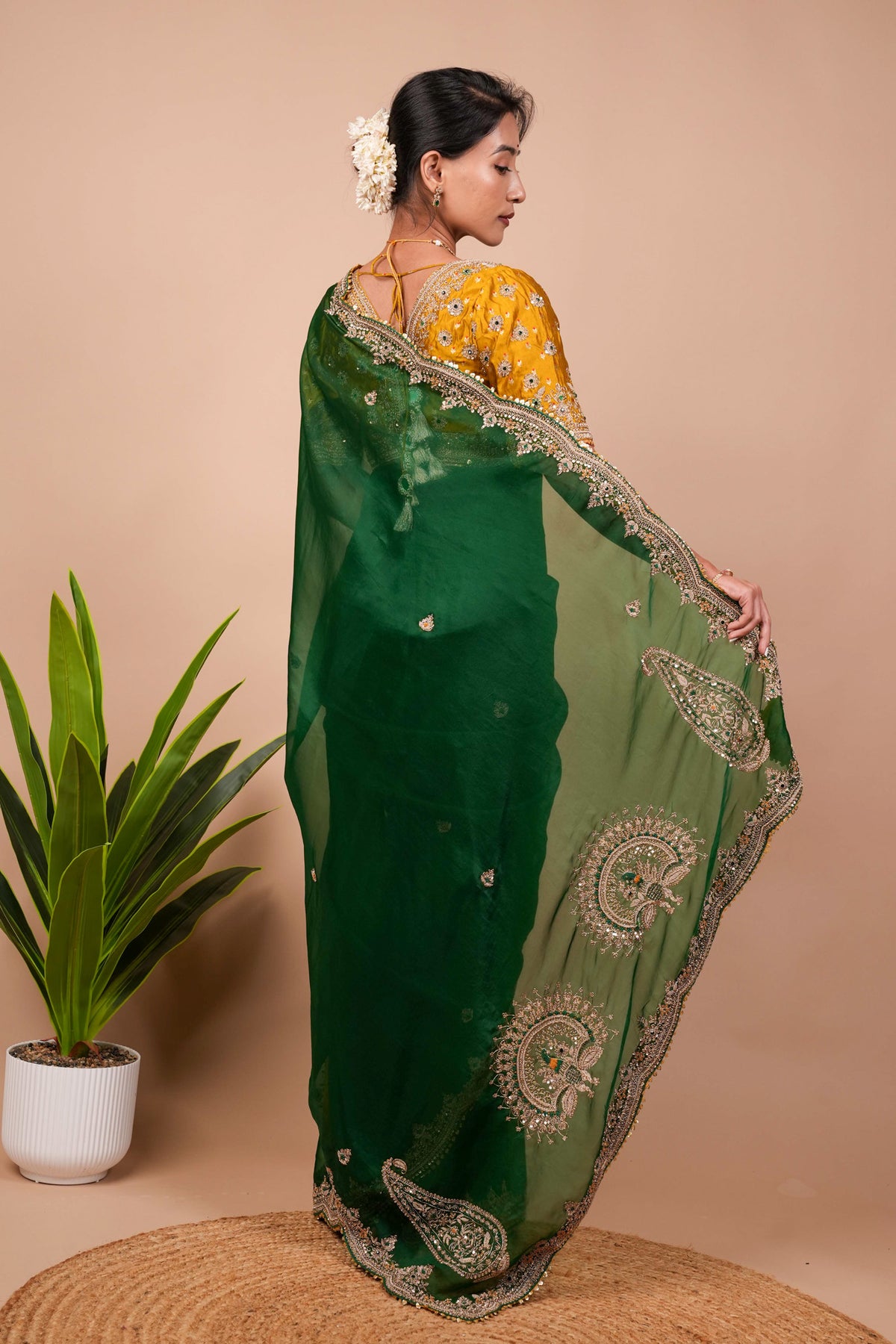 Dark Green Zardosi Organza Saree