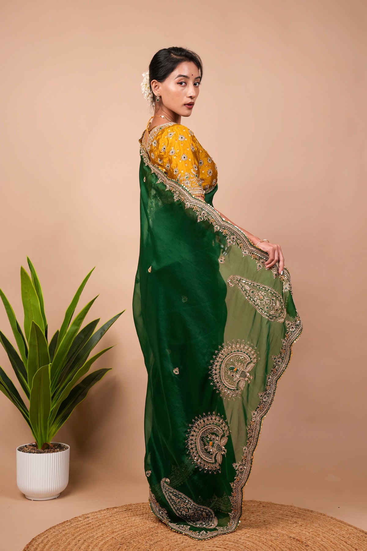 Dark Green Zardosi Organza Saree