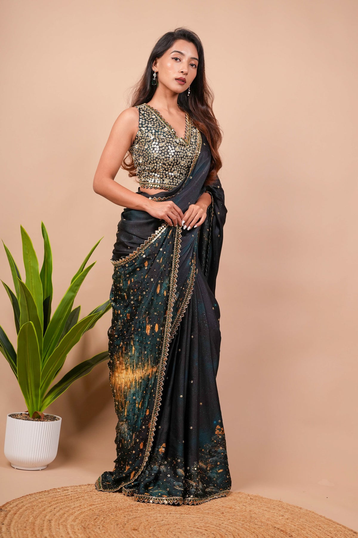Black Multicolour Satin Saree