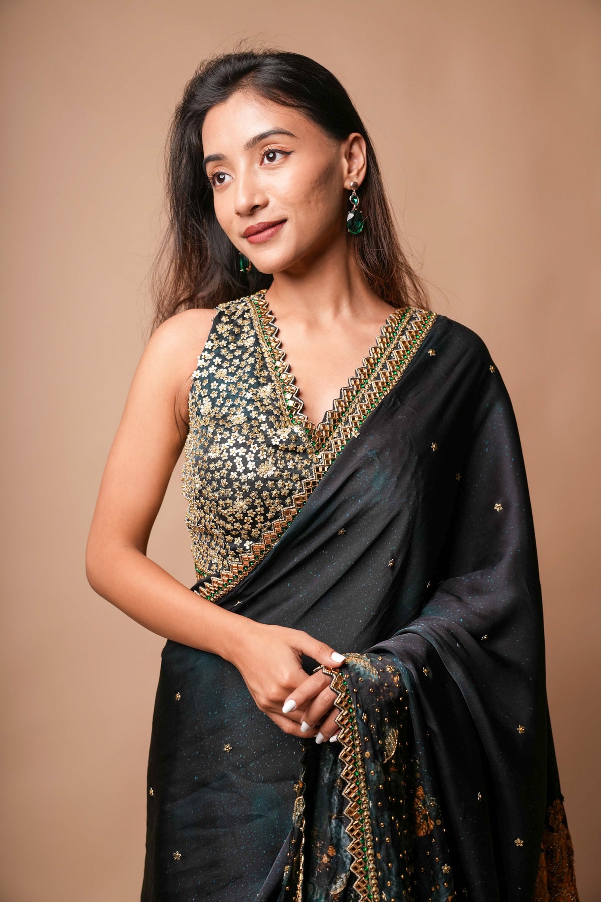 Black Multicolour Satin Saree