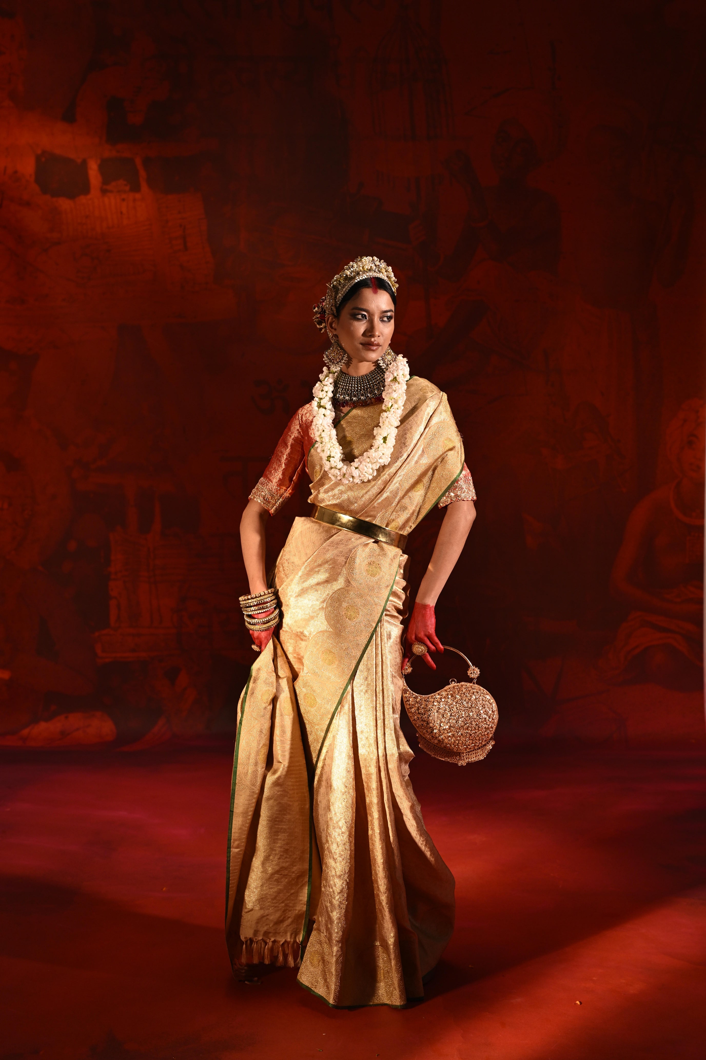Beige Gold Kanchivaram Tissue Silk Saree with All-Over Zari Weaving