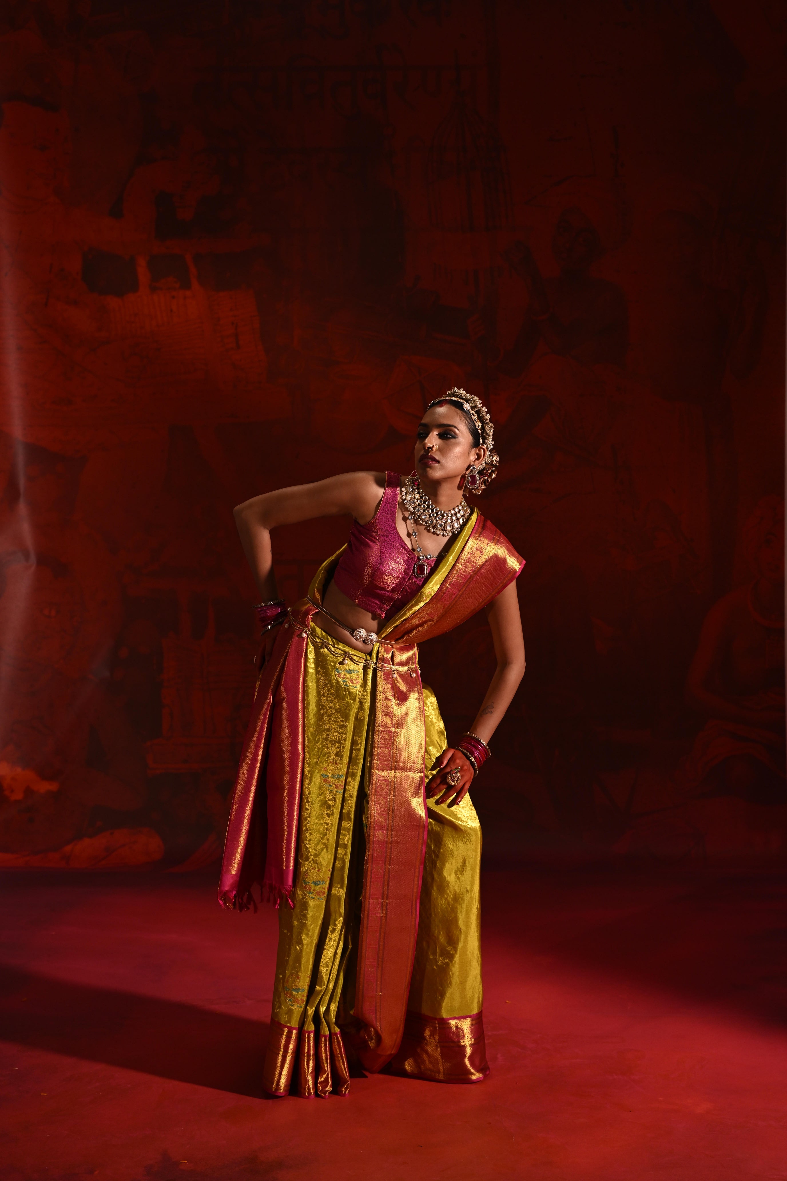 Golden Yellow Tissue Kanchivaram Silk Saree with Meena Zari Motifs & Pink Contrast Border