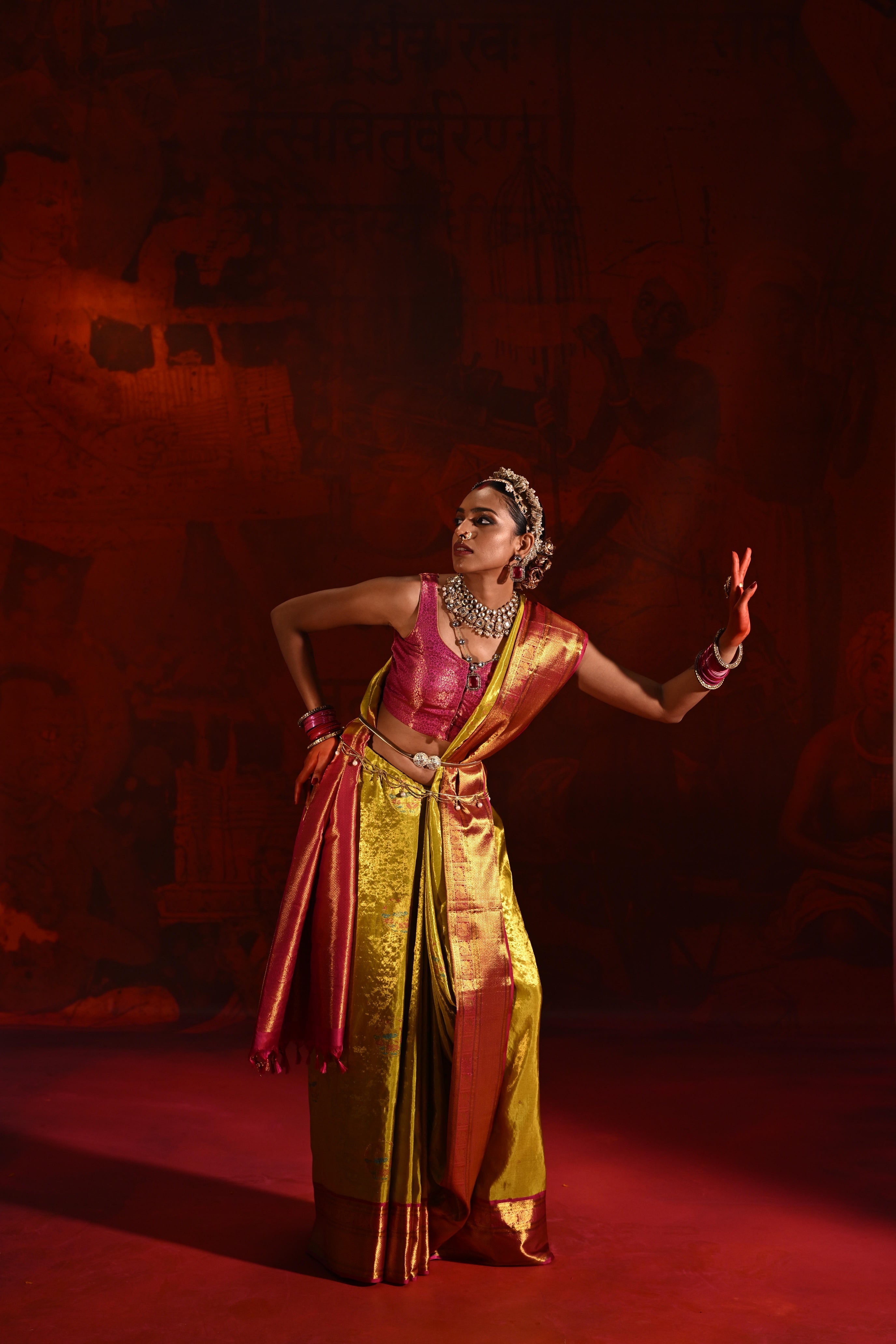 Golden Yellow Tissue Kanchivaram Silk Saree with Meena Zari Motifs & Pink Contrast Border