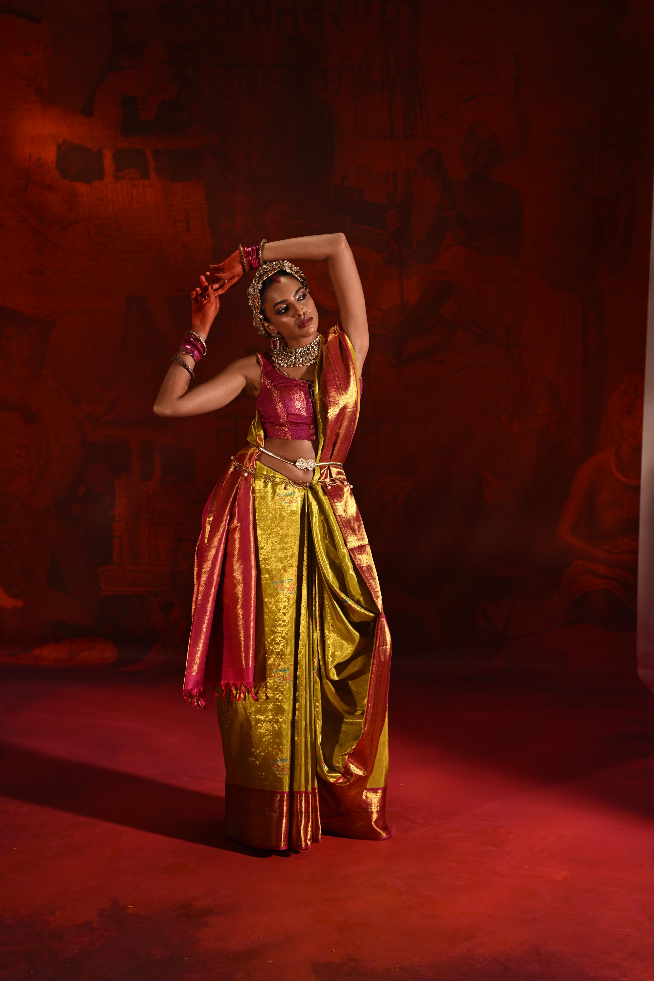 Golden Yellow Tissue Kanchivaram Silk Saree with Meena Zari Motifs & Pink Contrast Border