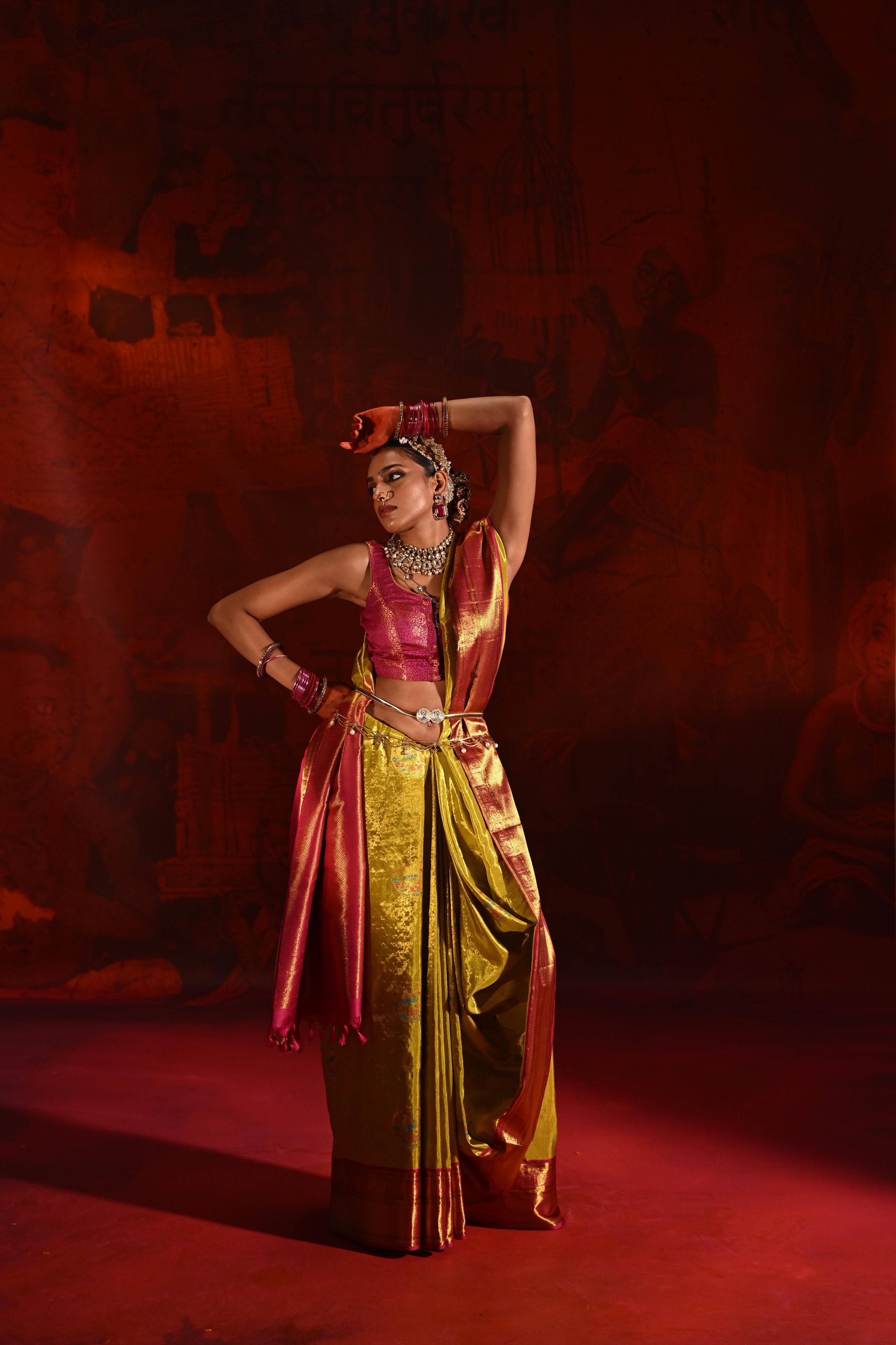 Golden Yellow Tissue Kanchivaram Silk Saree with Meena Zari Motifs & Pink Contrast Border