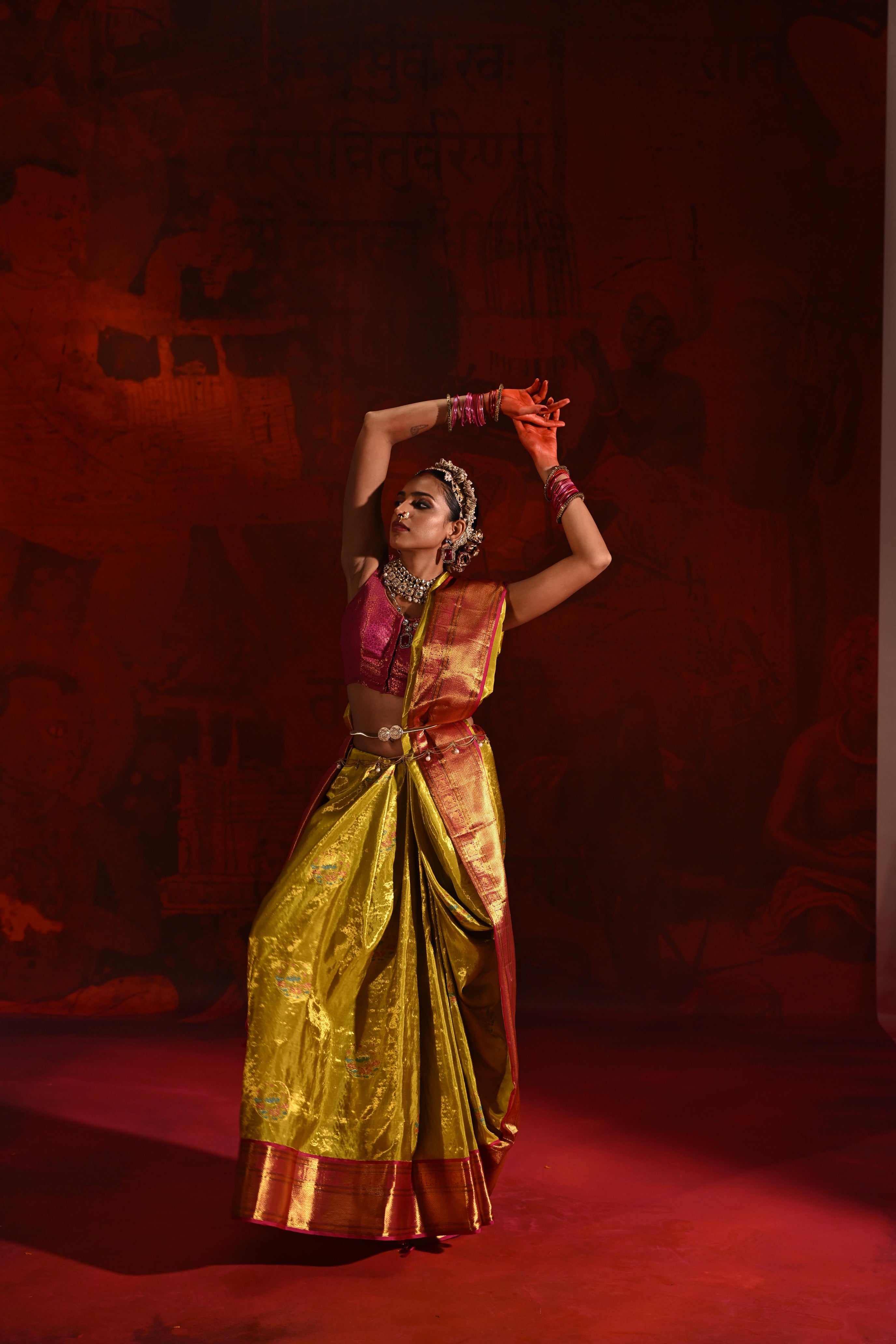 Golden Yellow Tissue Kanchivaram Silk Saree with Meena Zari Motifs & Pink Contrast Border