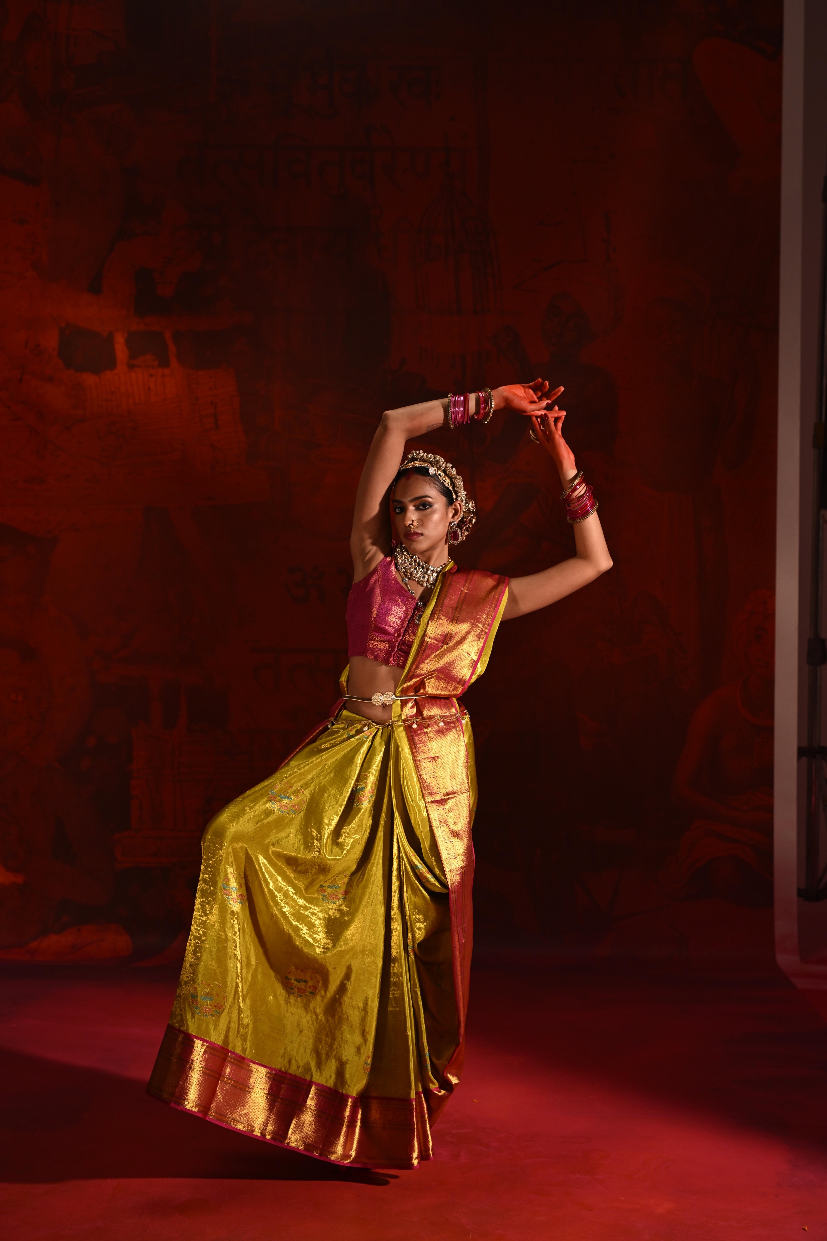Golden Yellow Tissue Kanchivaram Silk Saree with Meena Zari Motifs & Pink Contrast Border