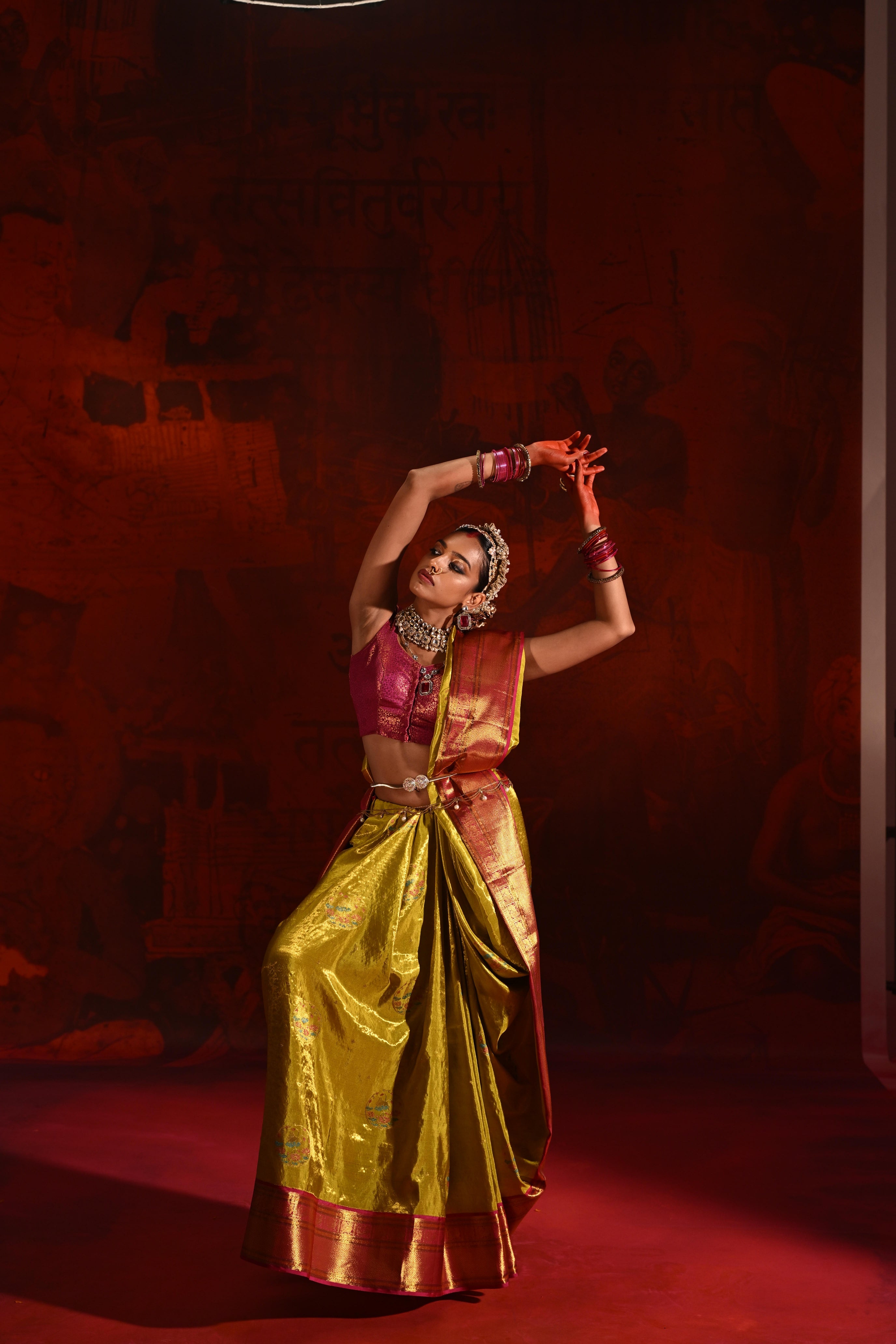 Golden Yellow Tissue Kanchivaram Silk Saree with Meena Zari Motifs & Pink Contrast Border