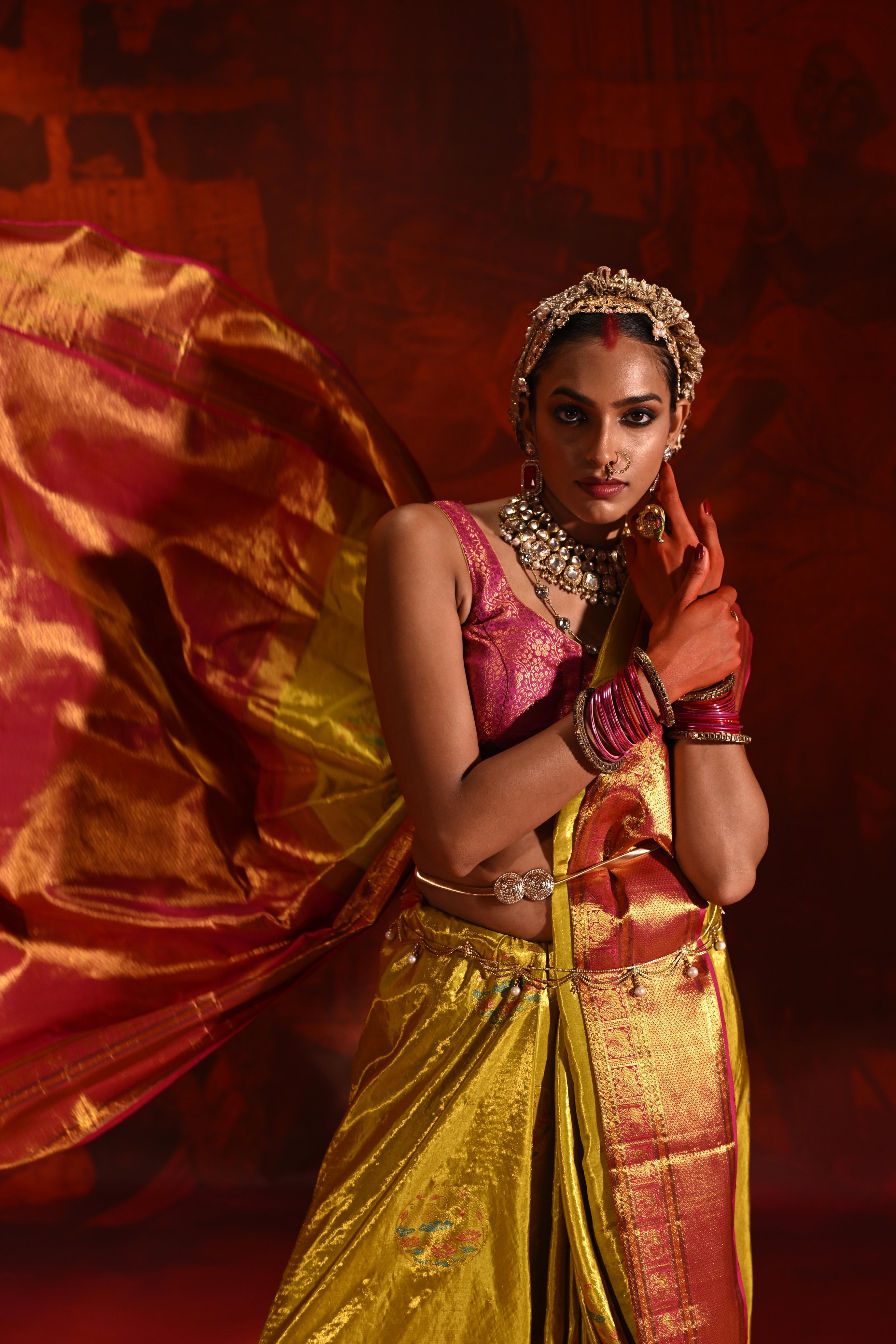 Golden Yellow Tissue Kanchivaram Silk Saree with Meena Zari Motifs & Pink Contrast Border