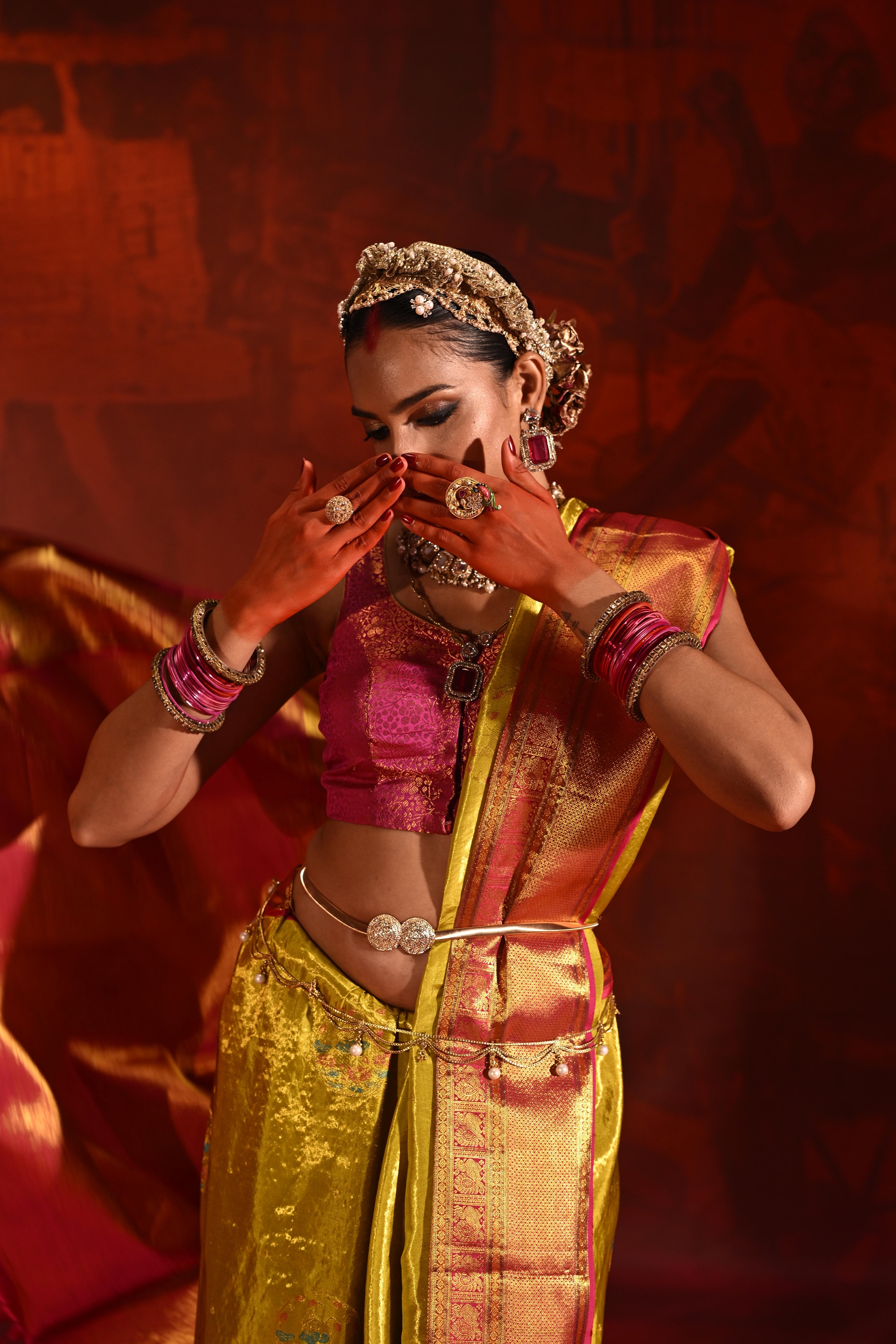 Golden Yellow Tissue Kanchivaram Silk Saree with Meena Zari Motifs & Pink Contrast Border