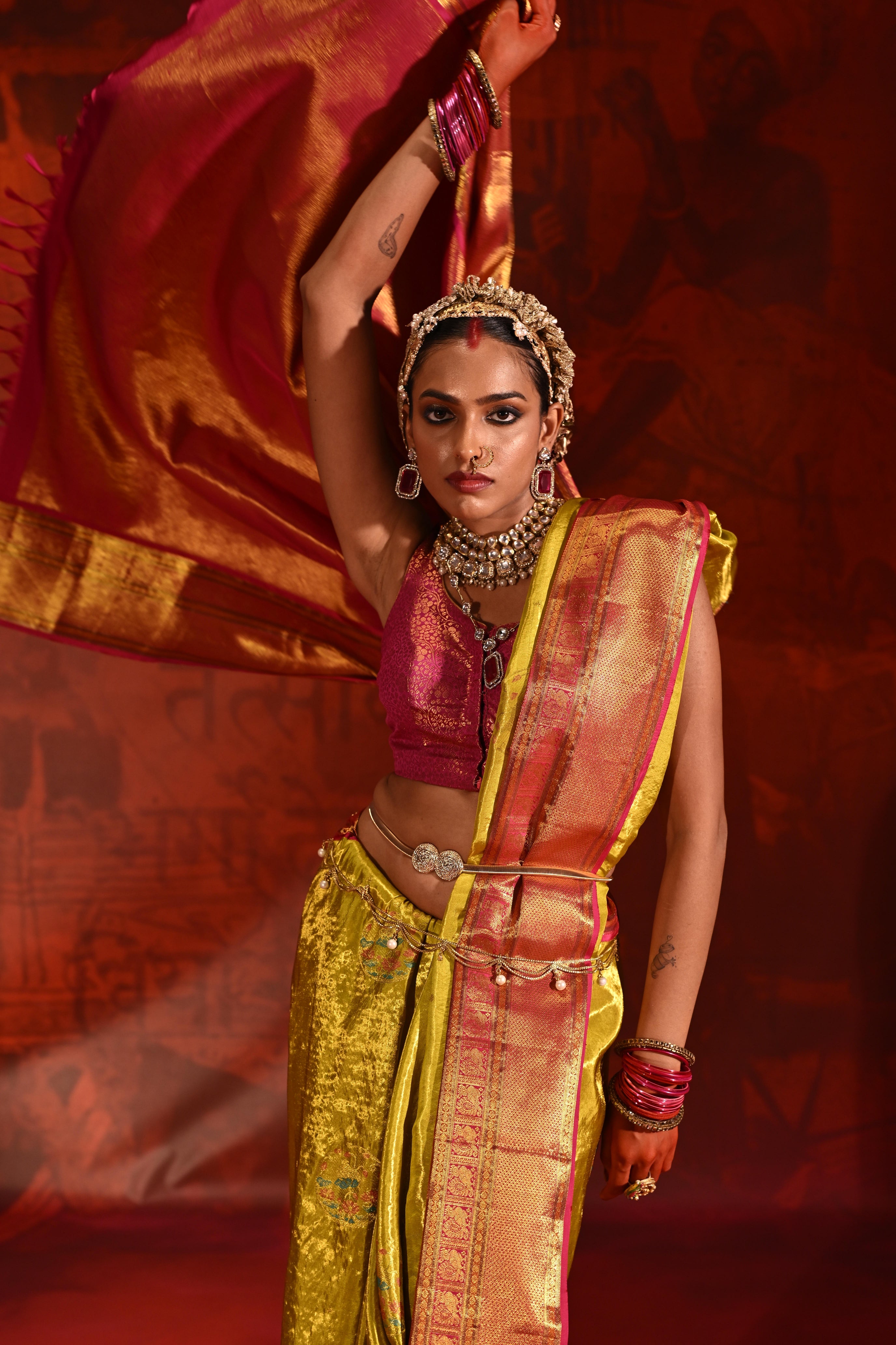 Golden Yellow Tissue Kanchivaram Silk Saree with Meena Zari Motifs & Pink Contrast Border