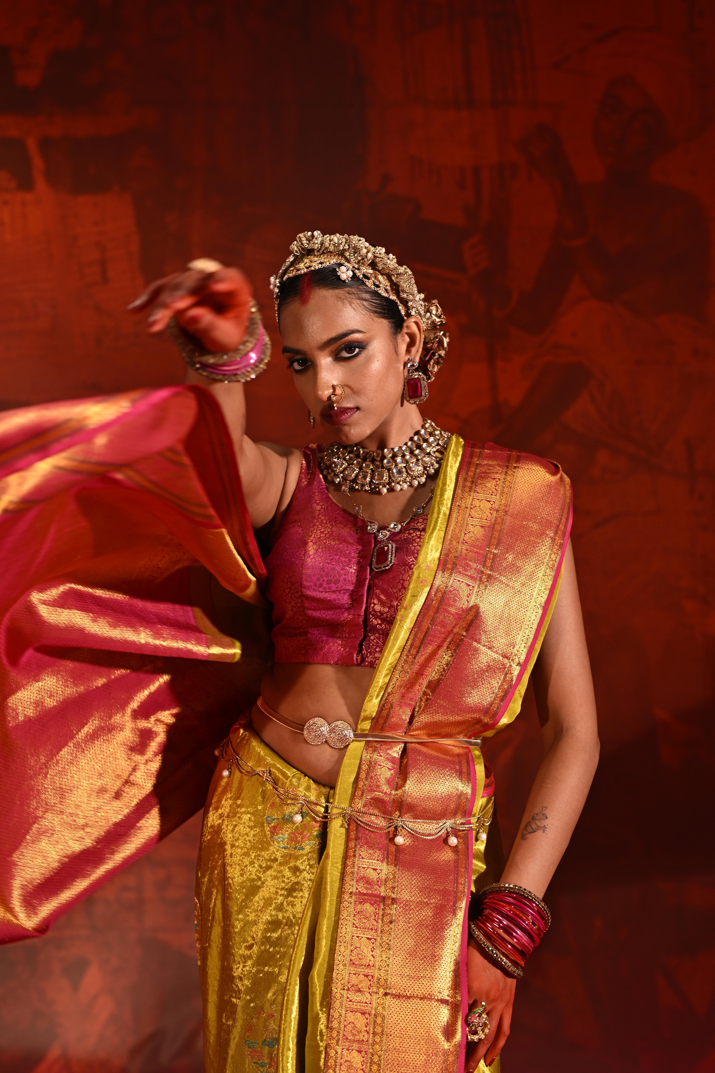 Golden Yellow Tissue Kanchivaram Silk Saree with Meena Zari Motifs & Pink Contrast Border