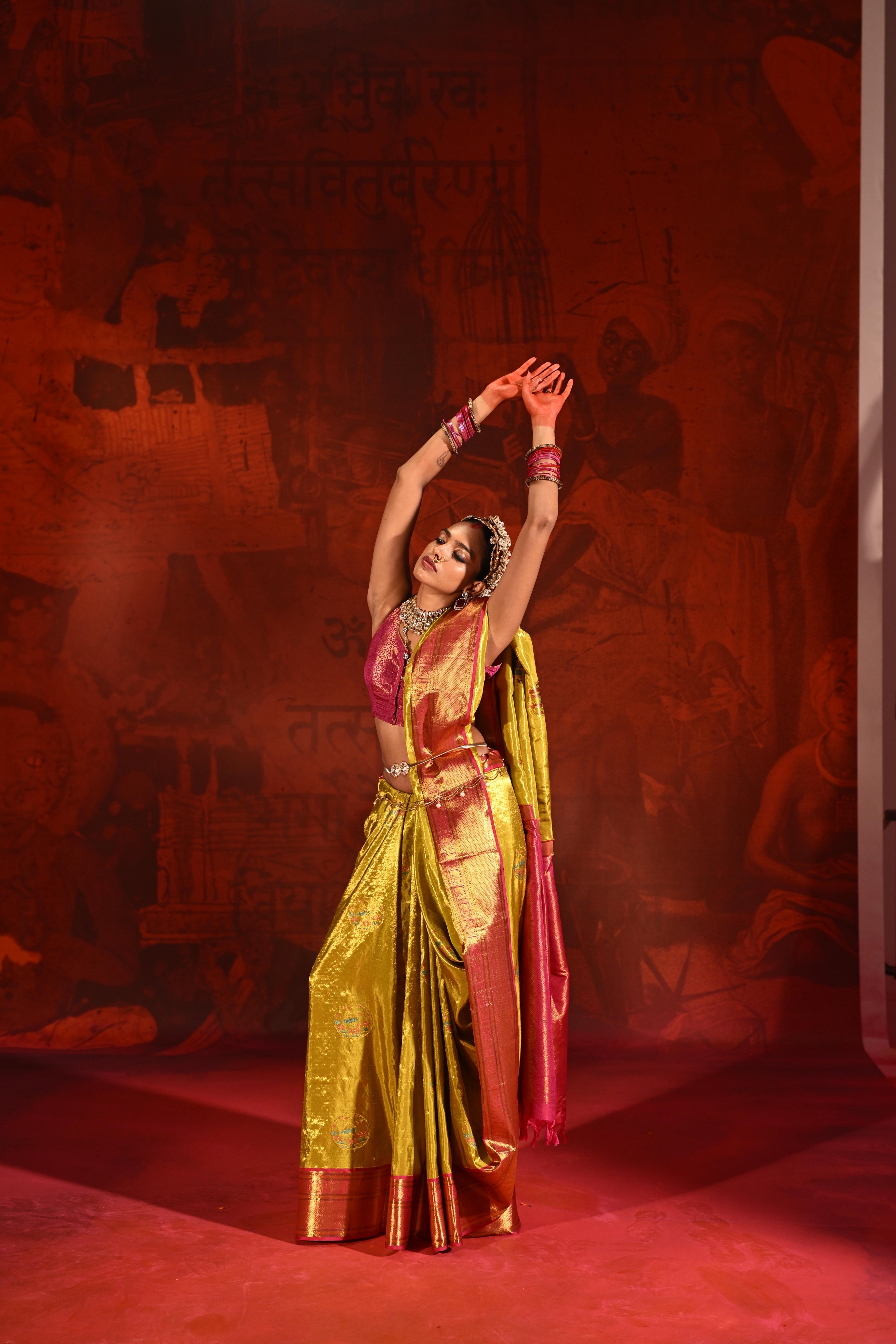 Golden Yellow Tissue Kanchivaram Silk Saree with Meena Zari Motifs & Pink Contrast Border