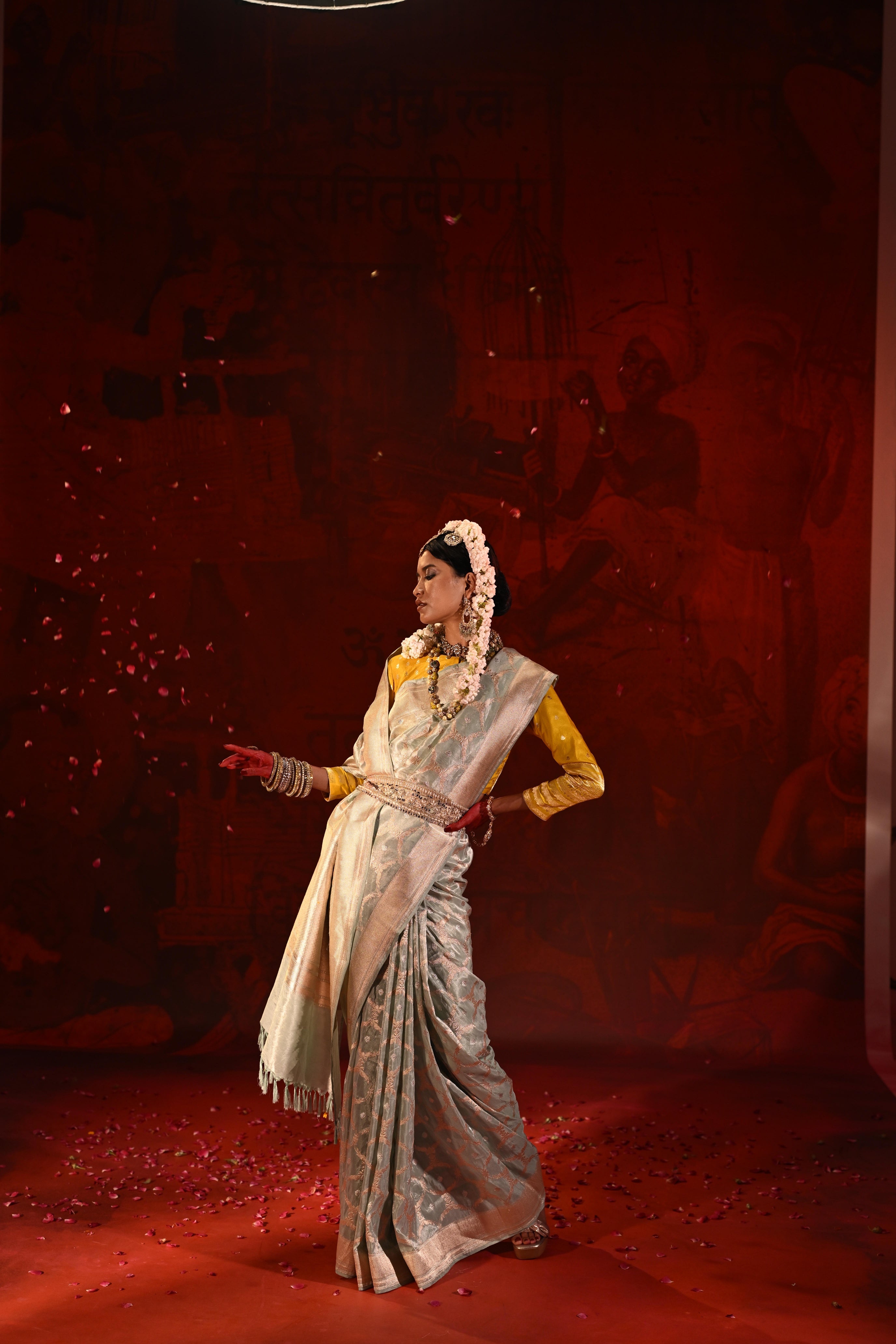 Ice Blue Banarasi Tissue Silk Saree with Geometric Zari Motifs
