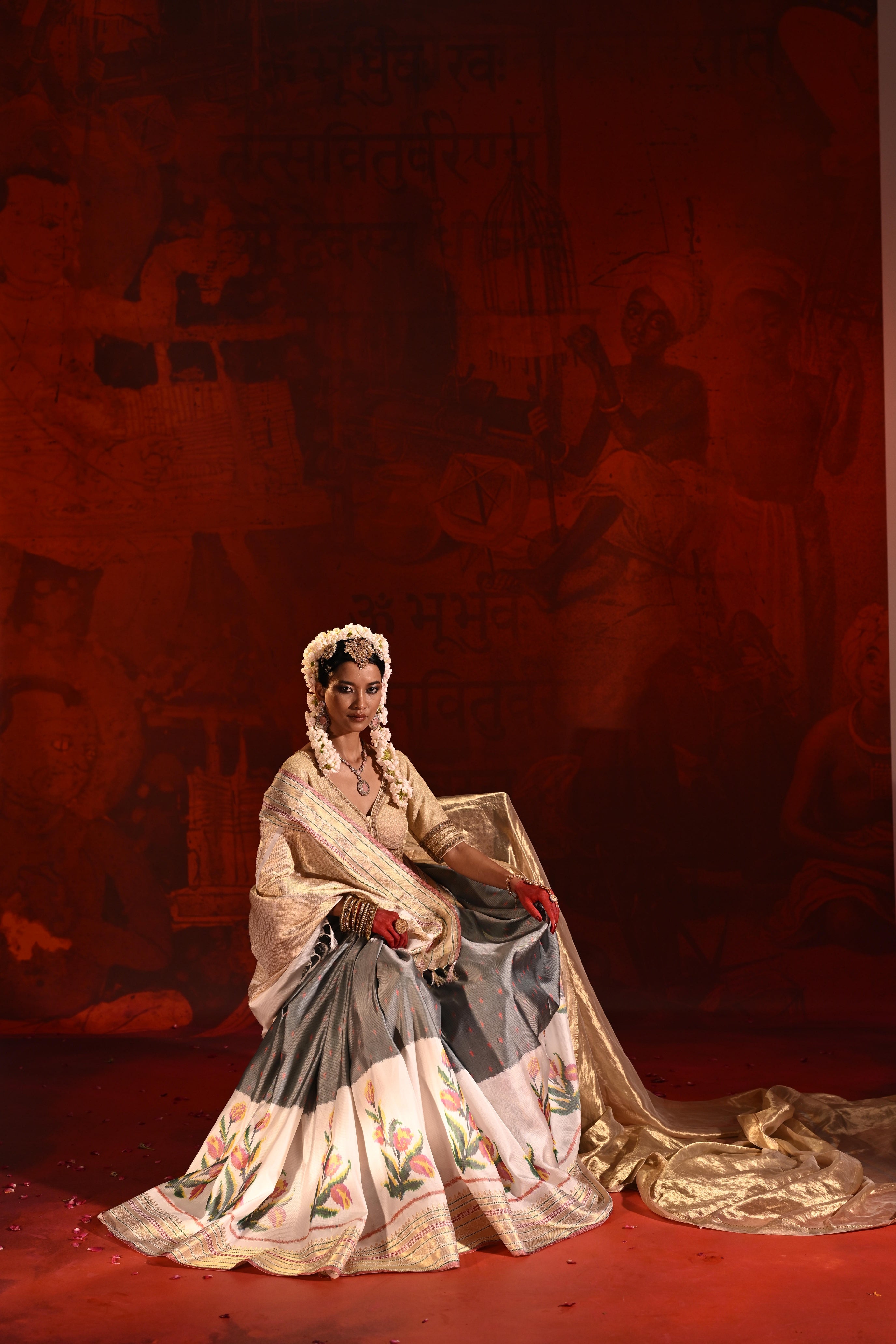 Grey & White Twill Silk Saree with Patola Weaving & Brocade Blouse