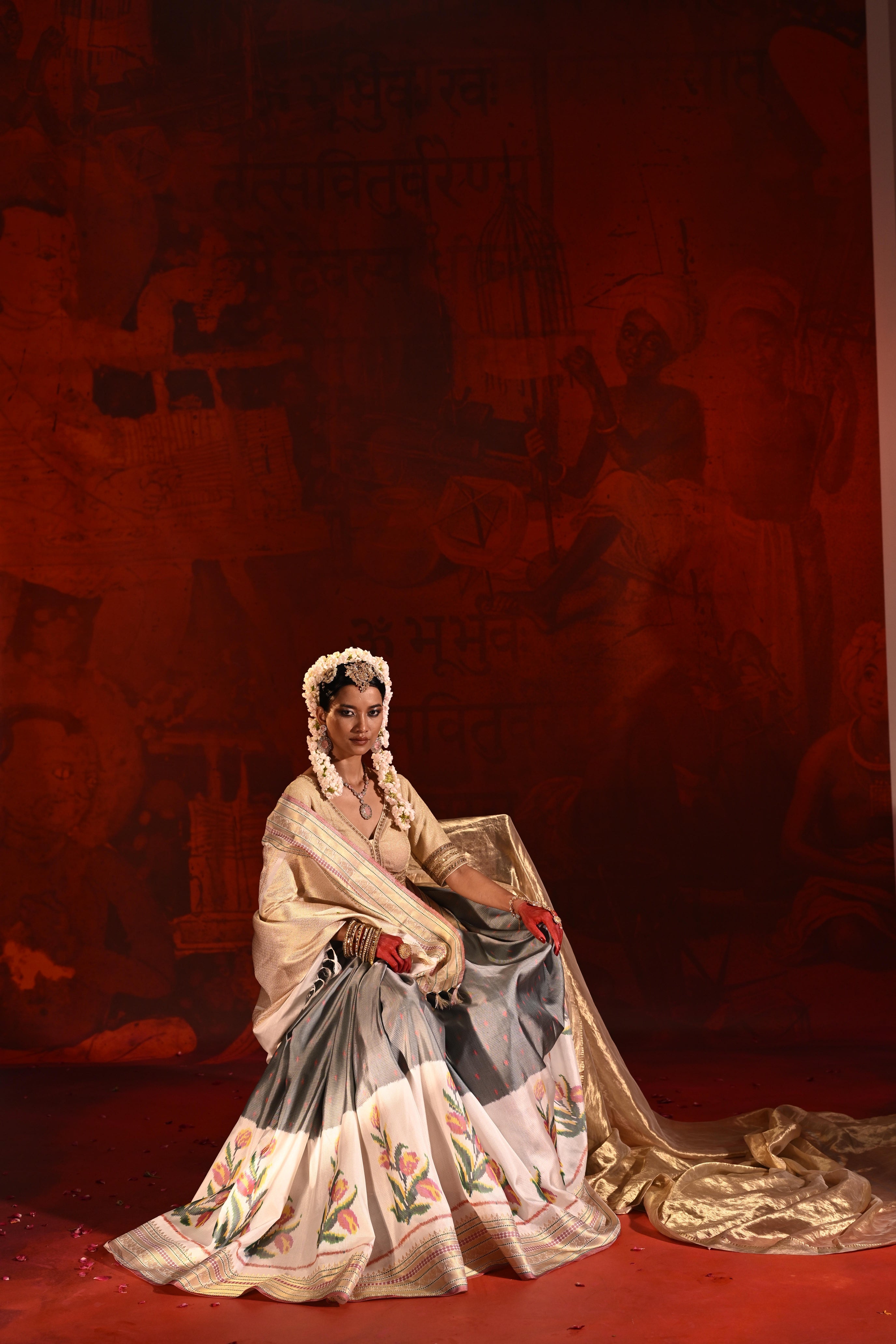 Grey & White Twill Silk Saree with Patola Weaving & Brocade Blouse