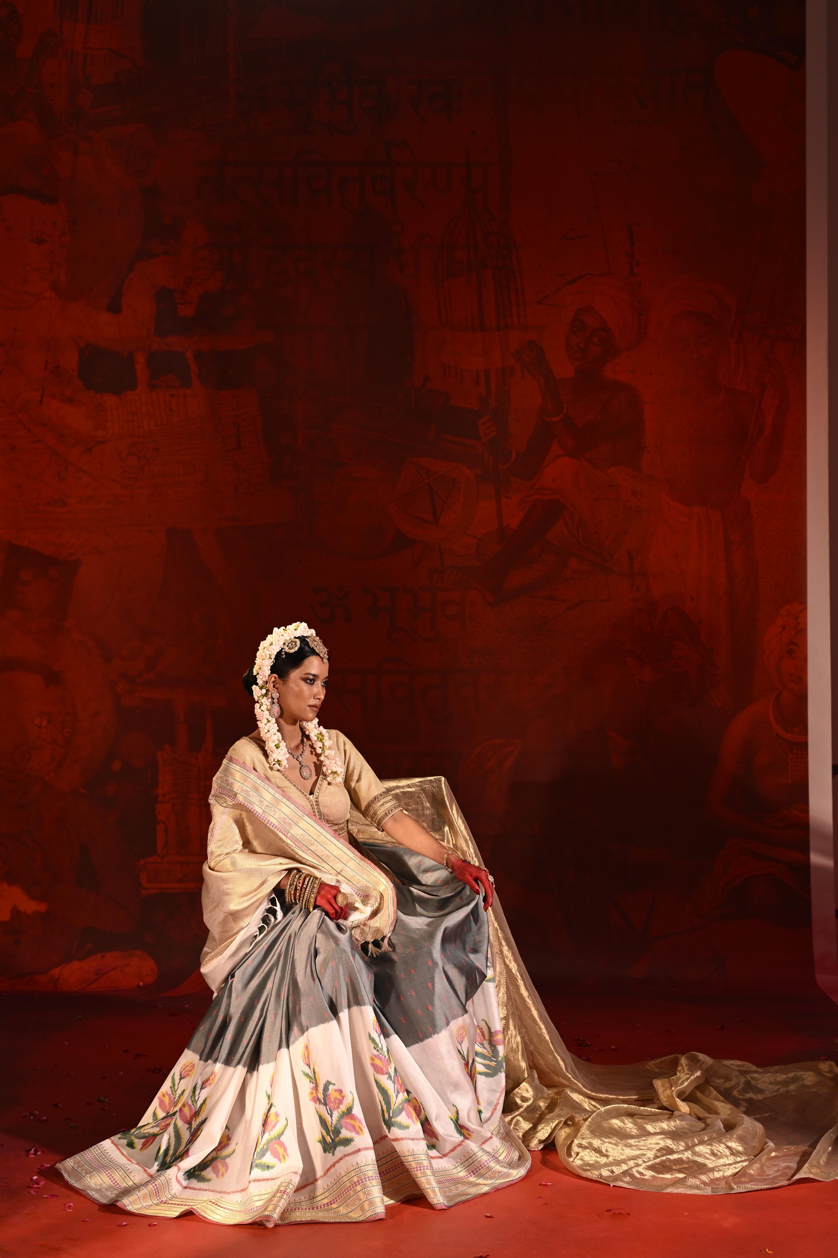 Grey & White Twill Silk Saree with Patola Weaving & Brocade Blouse