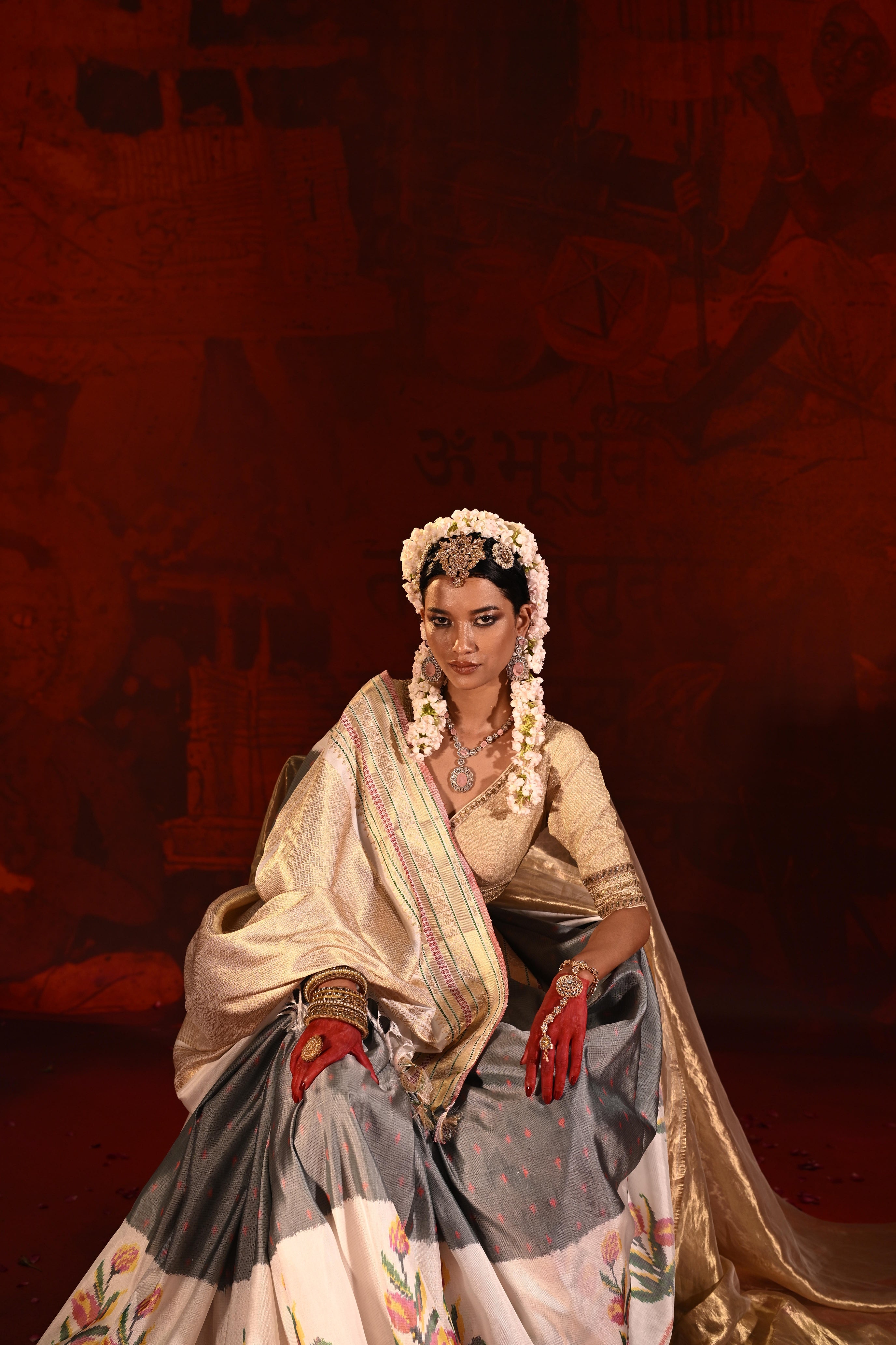 Grey & White Twill Silk Saree with Patola Weaving & Brocade Blouse