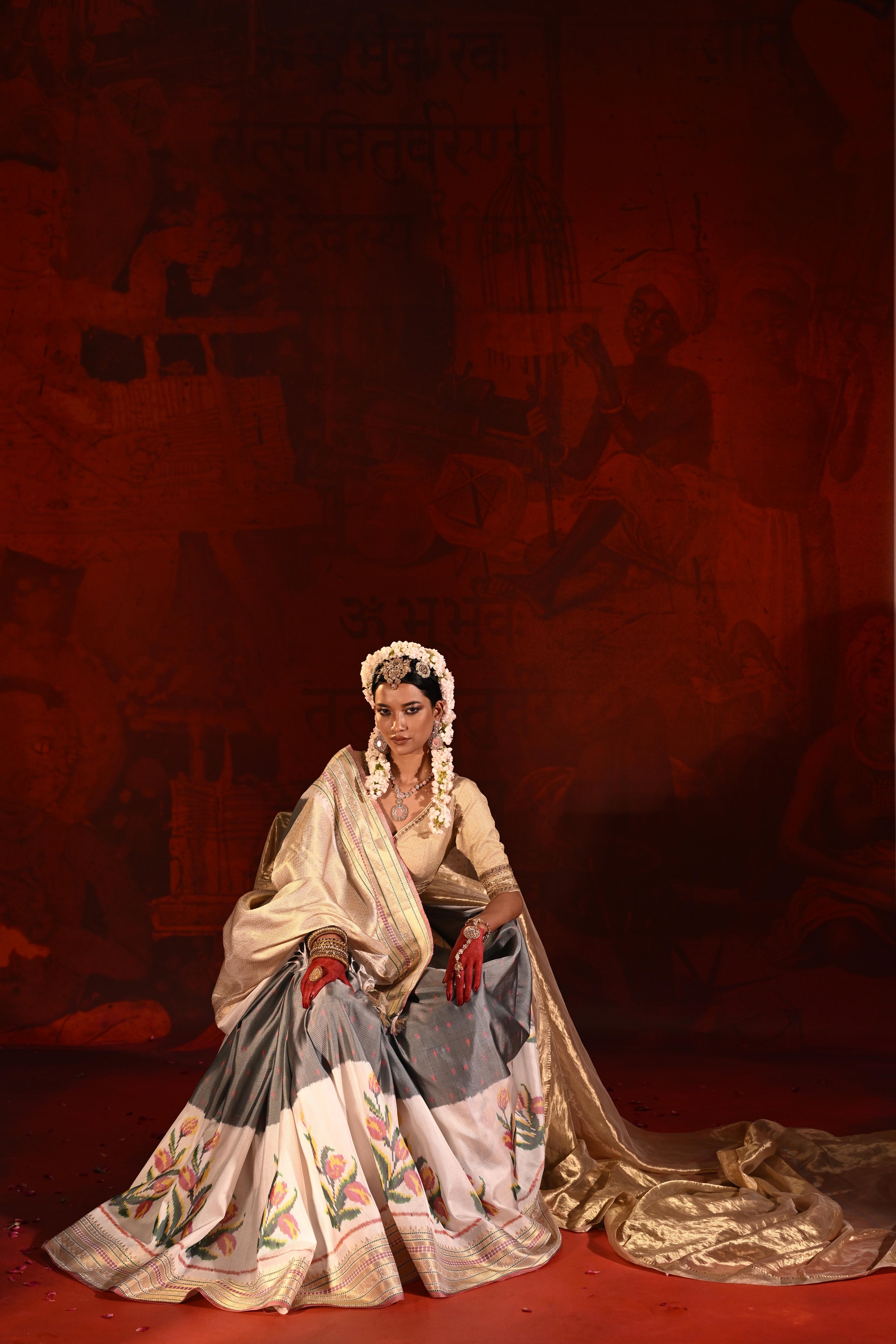 Grey & White Twill Silk Saree with Patola Weaving & Brocade Blouse
