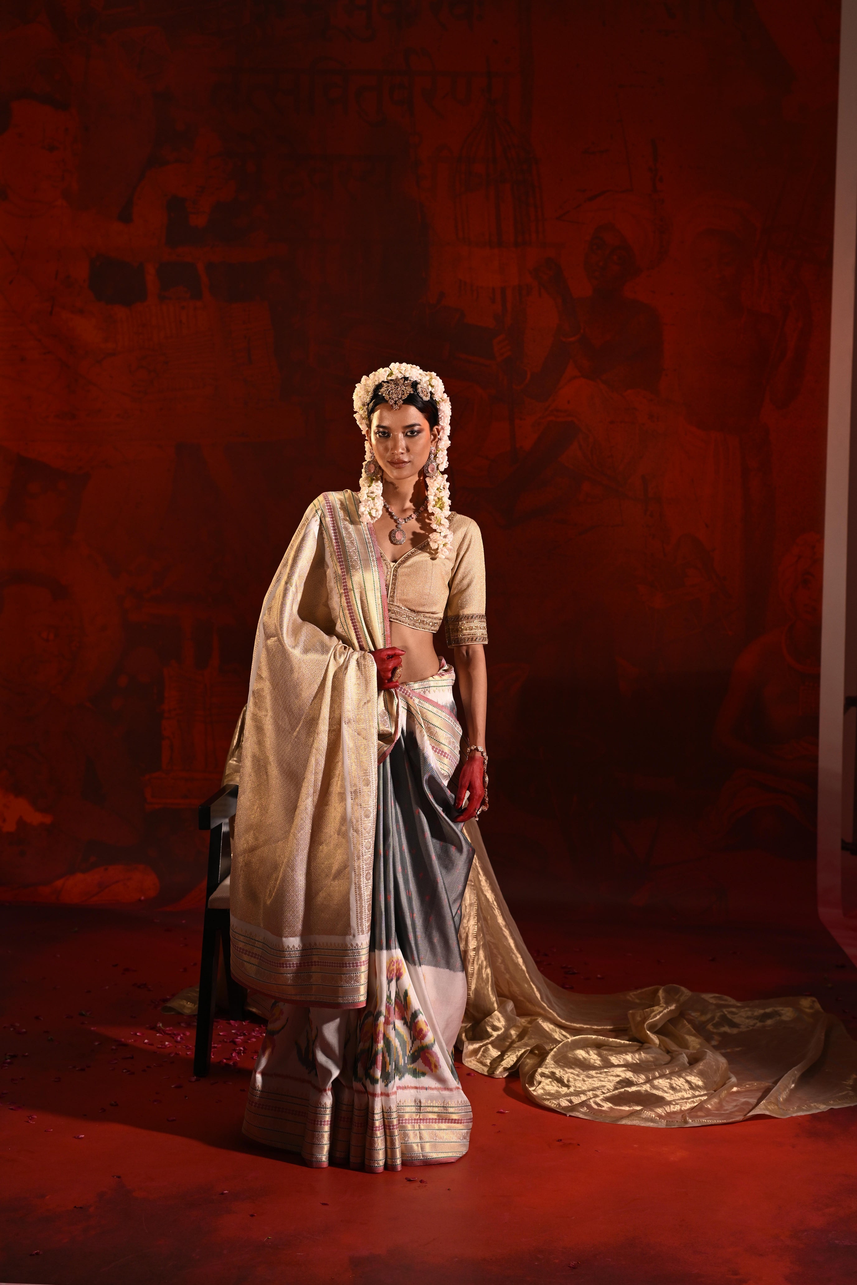 Grey & White Twill Silk Saree with Patola Weaving & Brocade Blouse