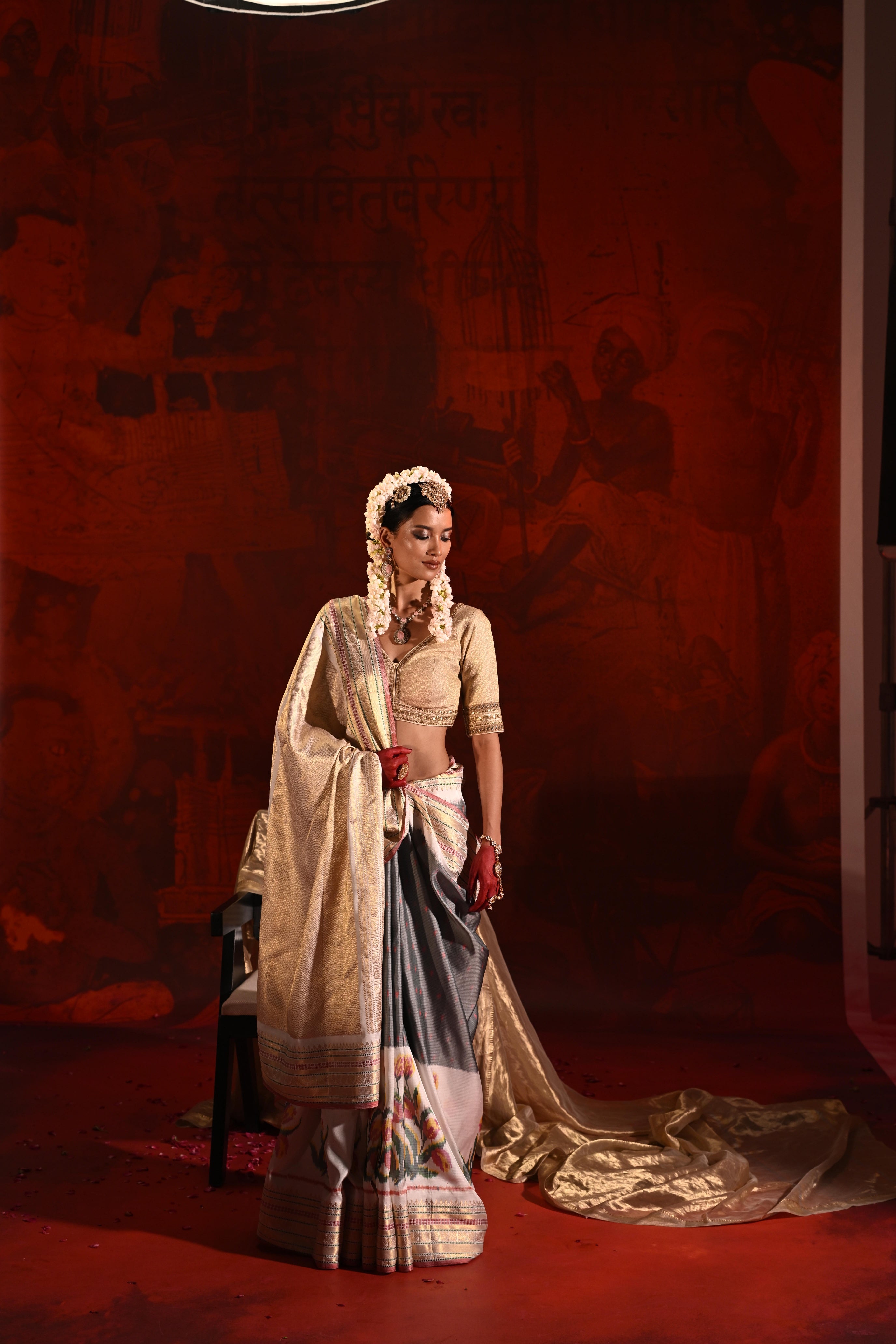 Grey & White Twill Silk Saree with Patola Weaving & Brocade Blouse