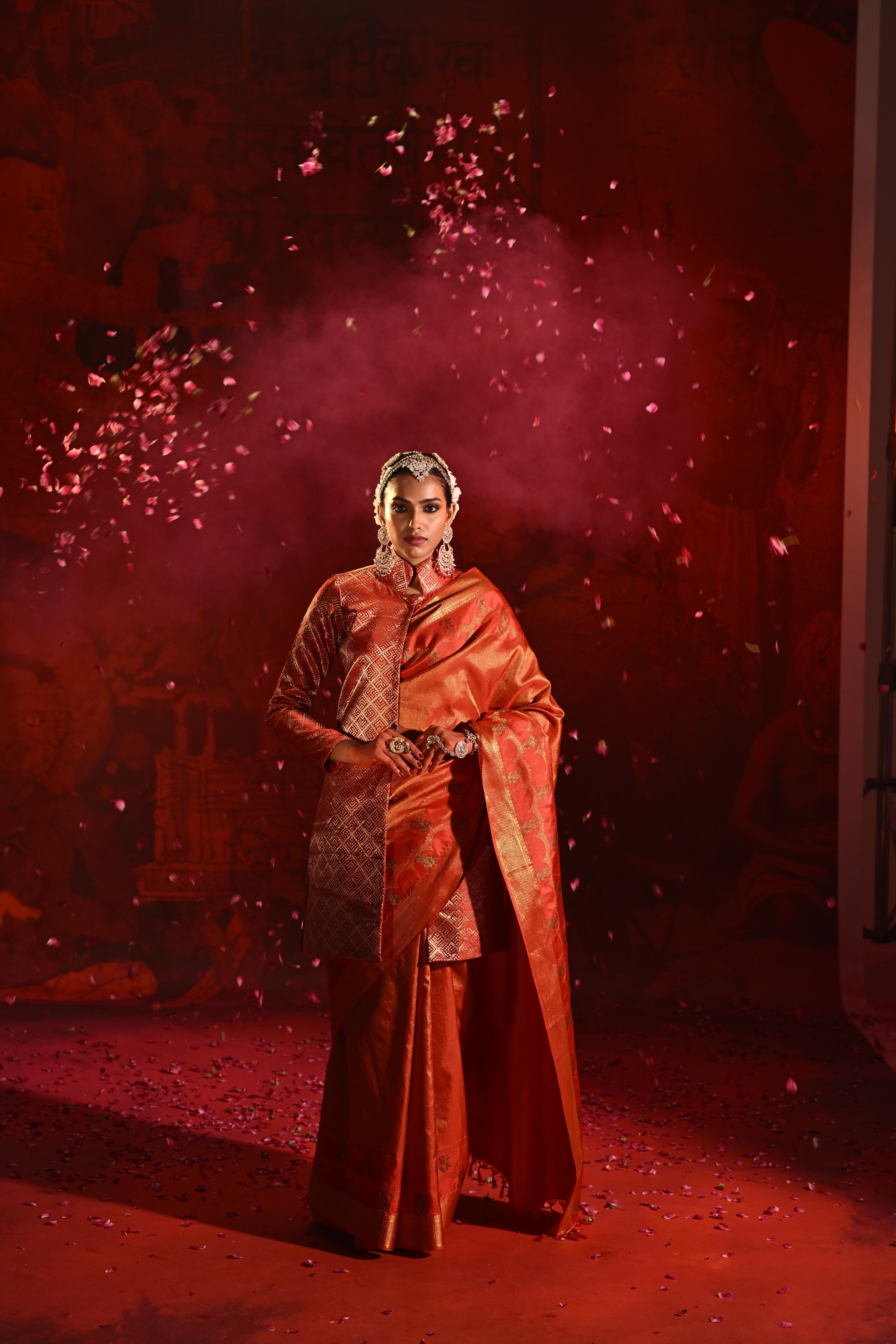 Red Kanchivaram Silk Saree with All-Over Zari Motifs & Multicolor Meena Border