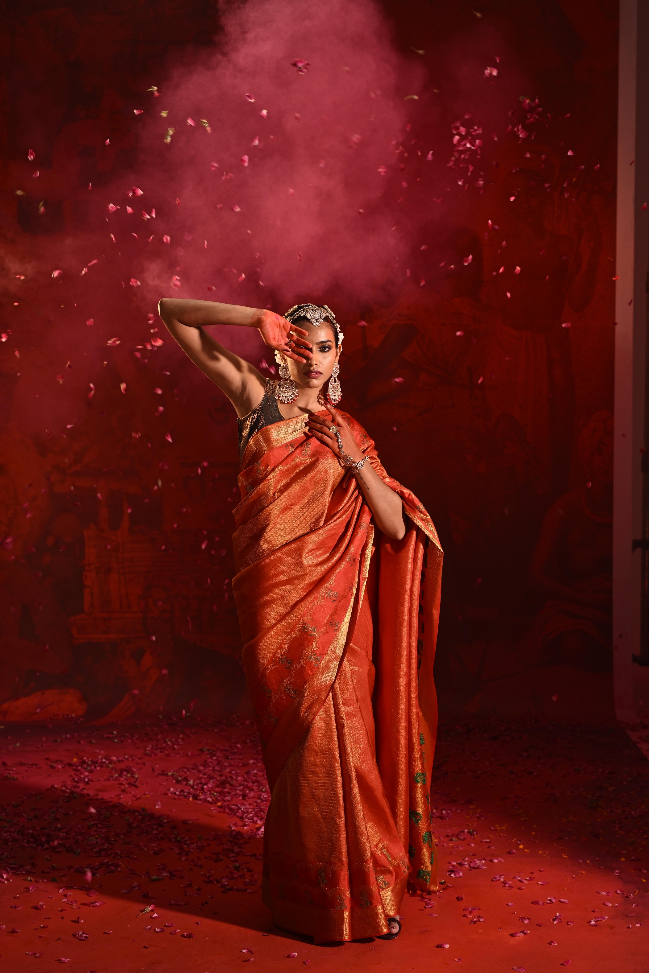 Red Kanchivaram Silk Saree with All-Over Zari Motifs & Multicolor Meena Border