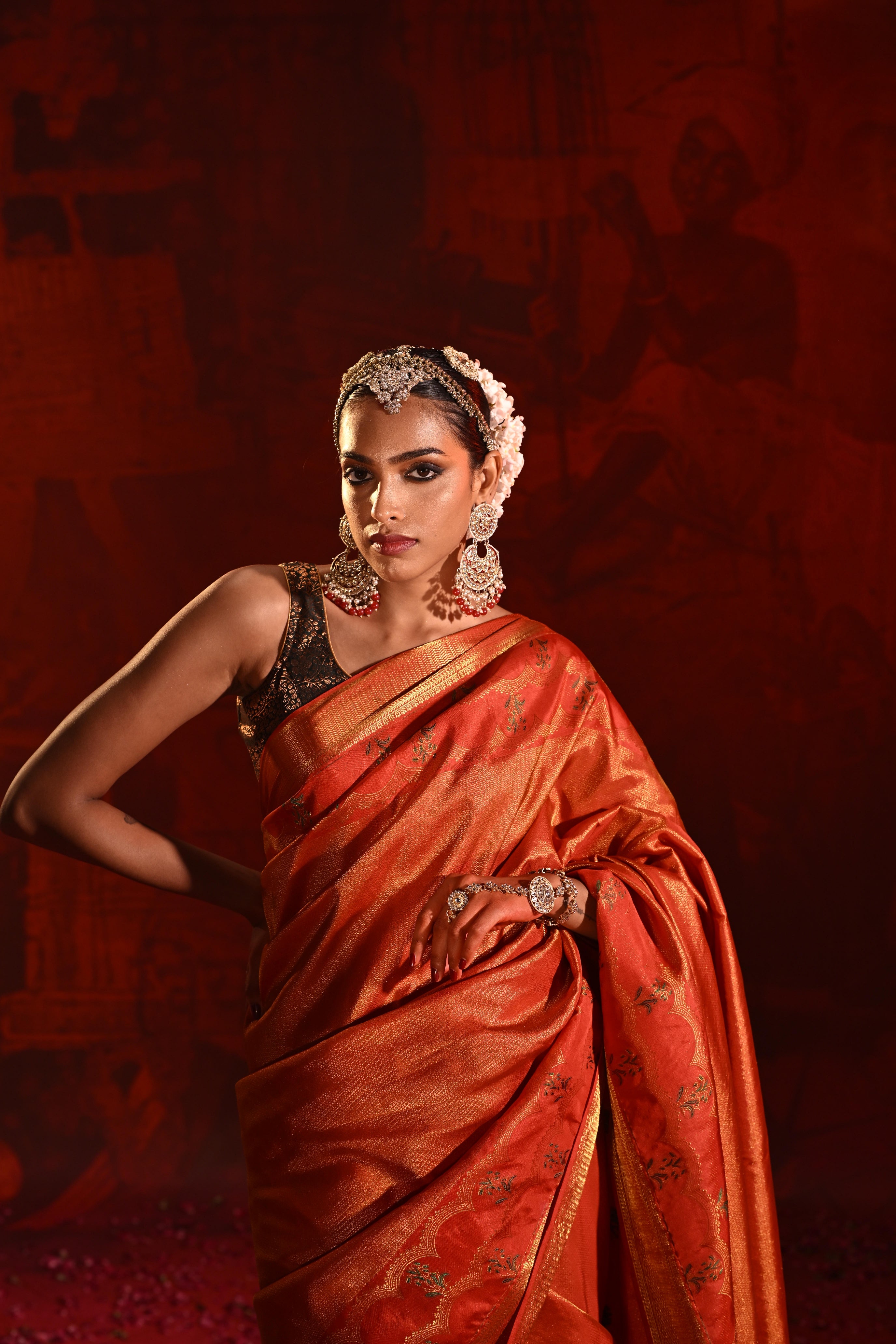 Red Kanchivaram Silk Saree with All-Over Zari Motifs & Multicolor Meena Border