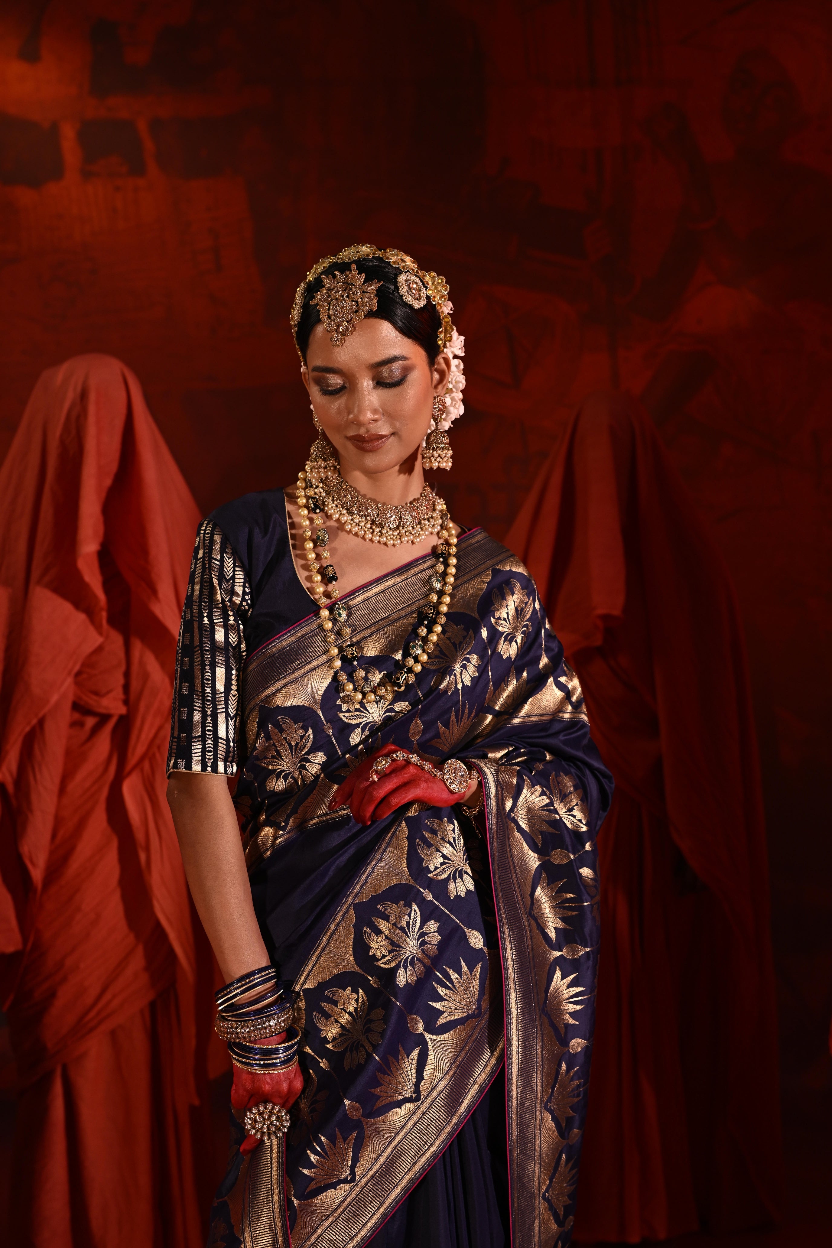 Midnight Blue Silk Saree with Golden Zari Weaving Border