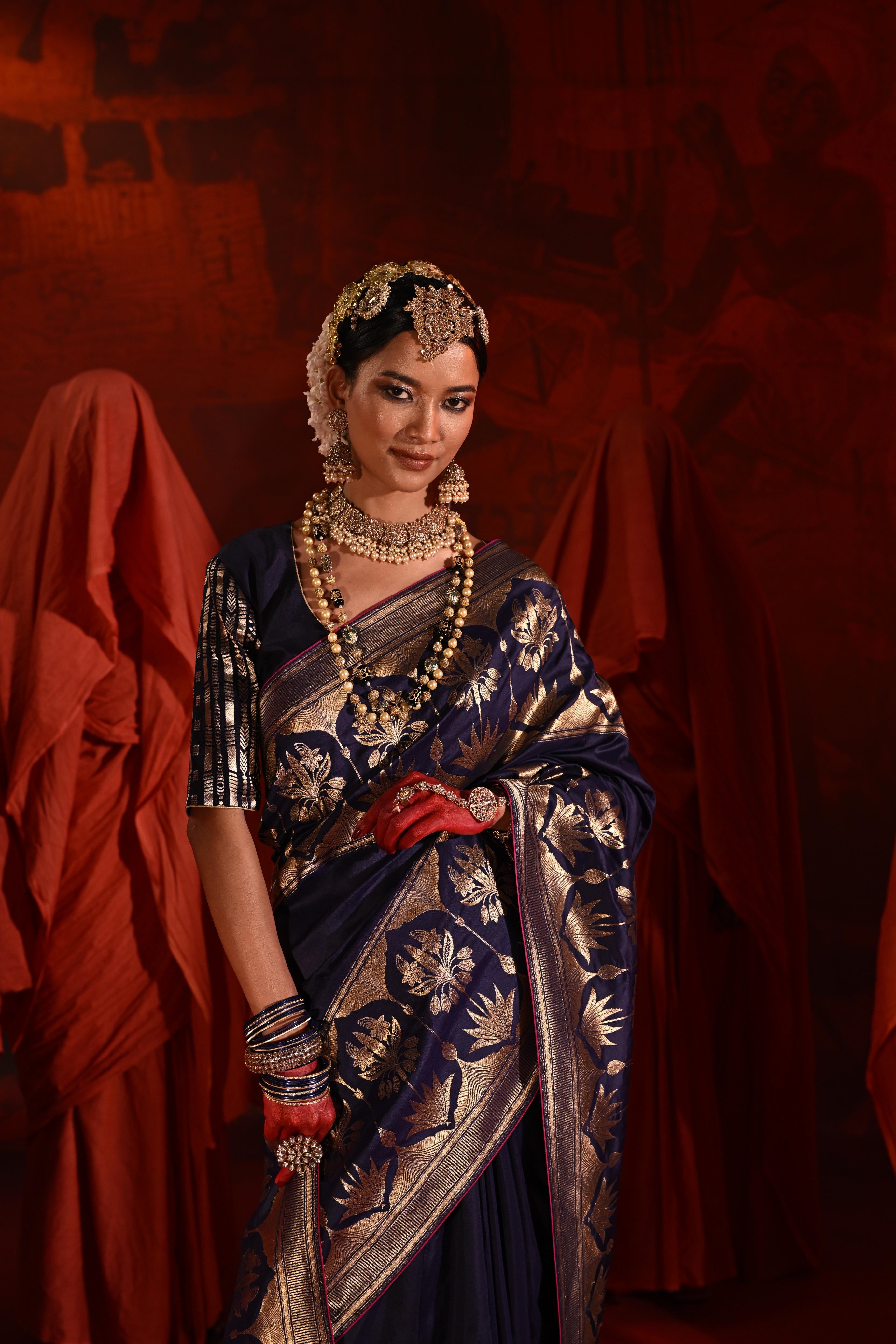 Midnight Blue Silk Saree with Golden Zari Weaving Border