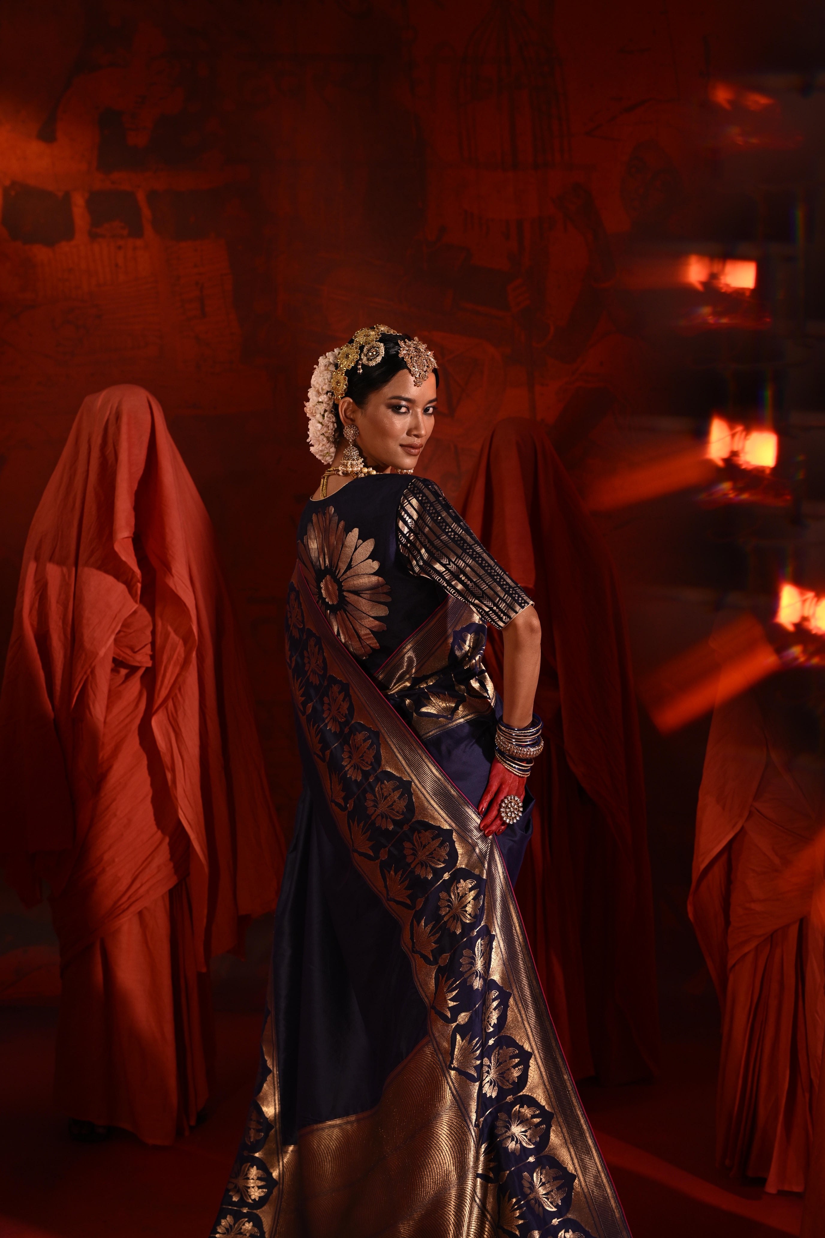 Midnight Blue Silk Saree with Golden Zari Weaving Border