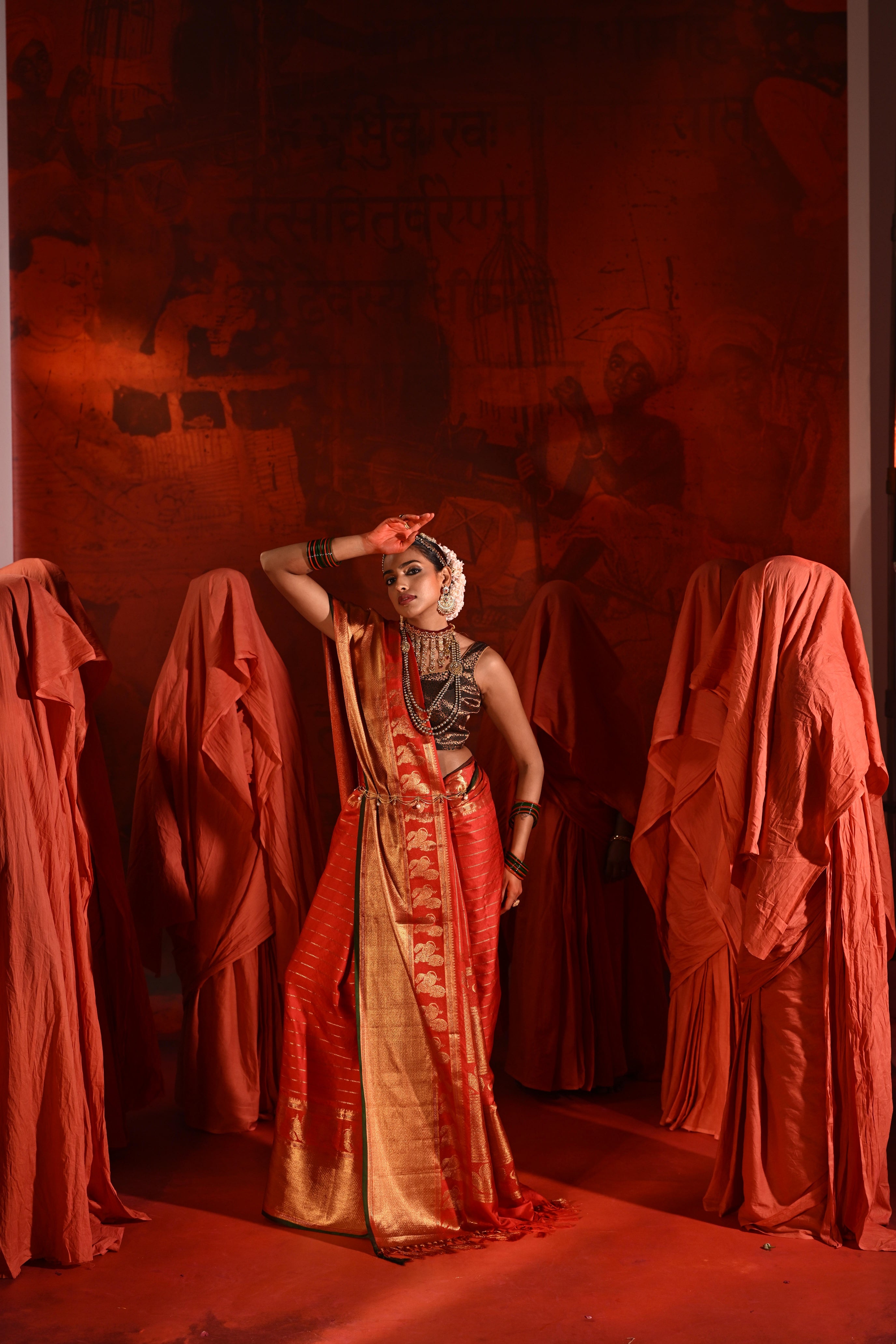 Bright Red Twill Silk Saree with Zari Stripes & Motifs Border