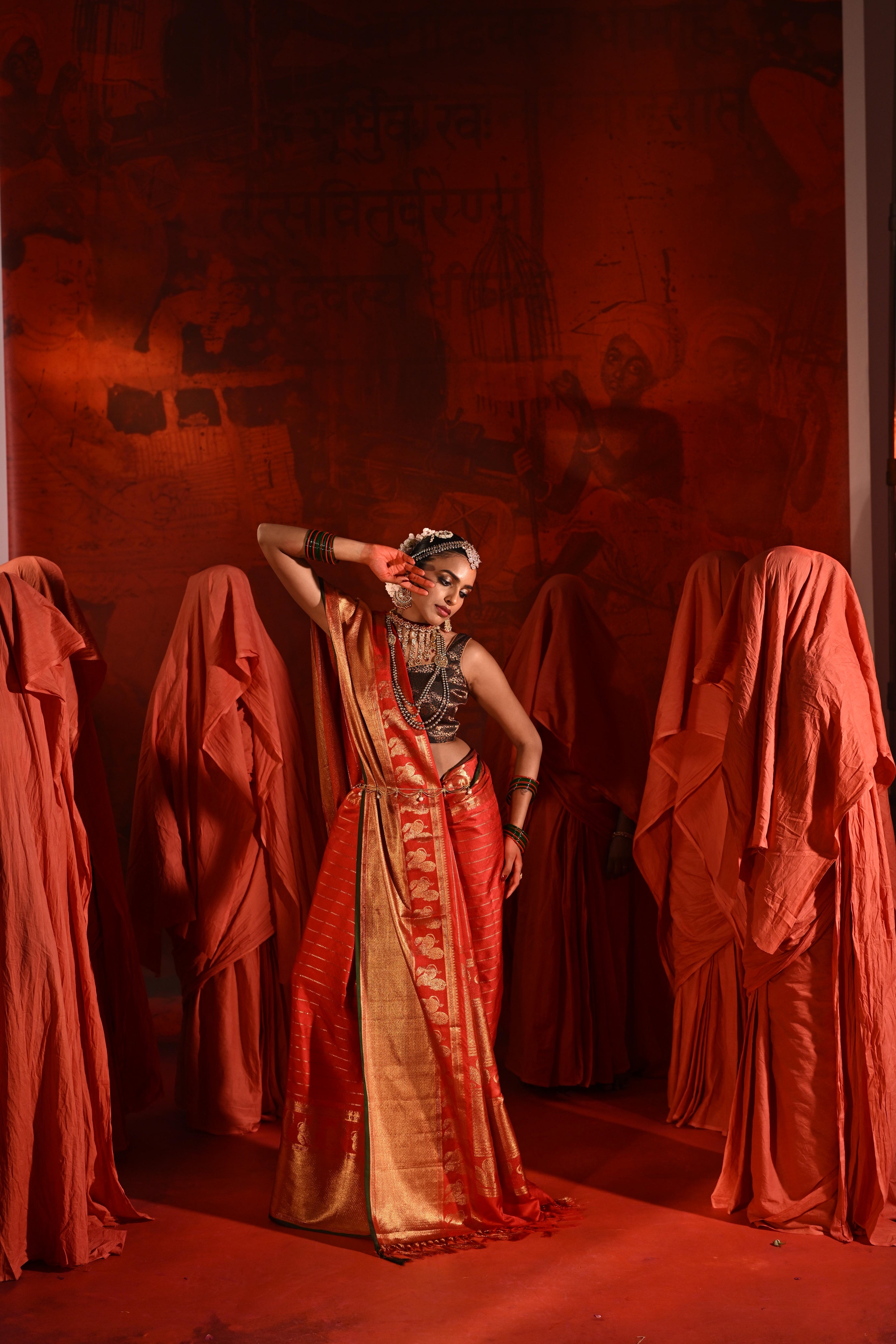 Bright Red Twill Silk Saree with Zari Stripes & Motifs Border