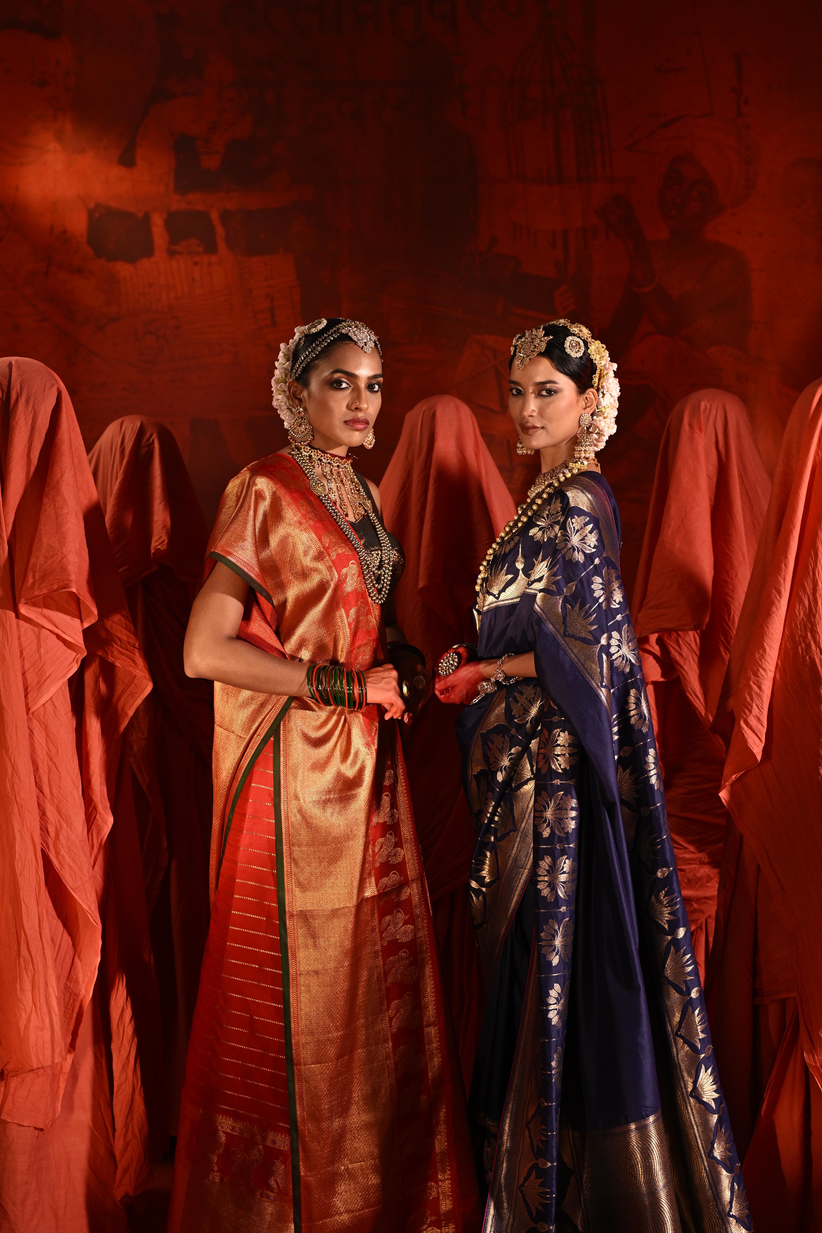Bright Red Twill Silk Saree with Zari Stripes & Motifs Border